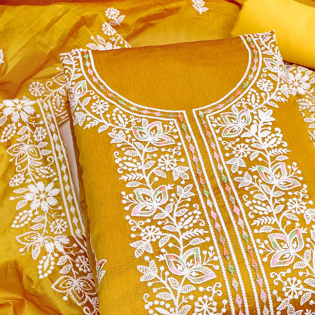 Graceful Mustard Floral Thread Embroidery Chanderi Silk Designer Dress Material