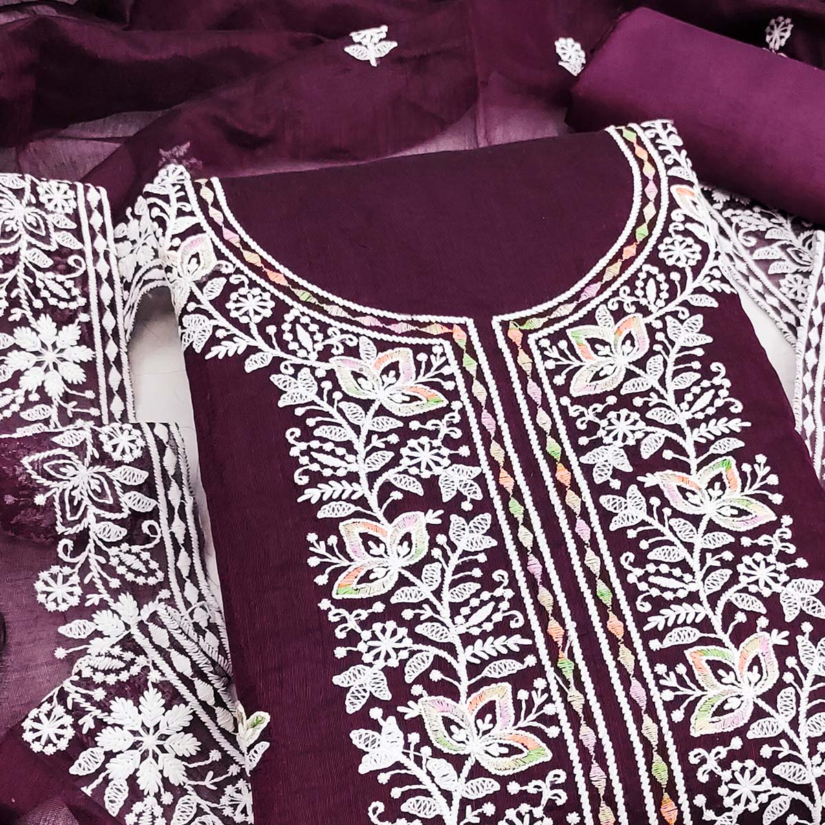 Graceful Wine Floral Thread Embroidery Chanderi Silk Designer Dress Material