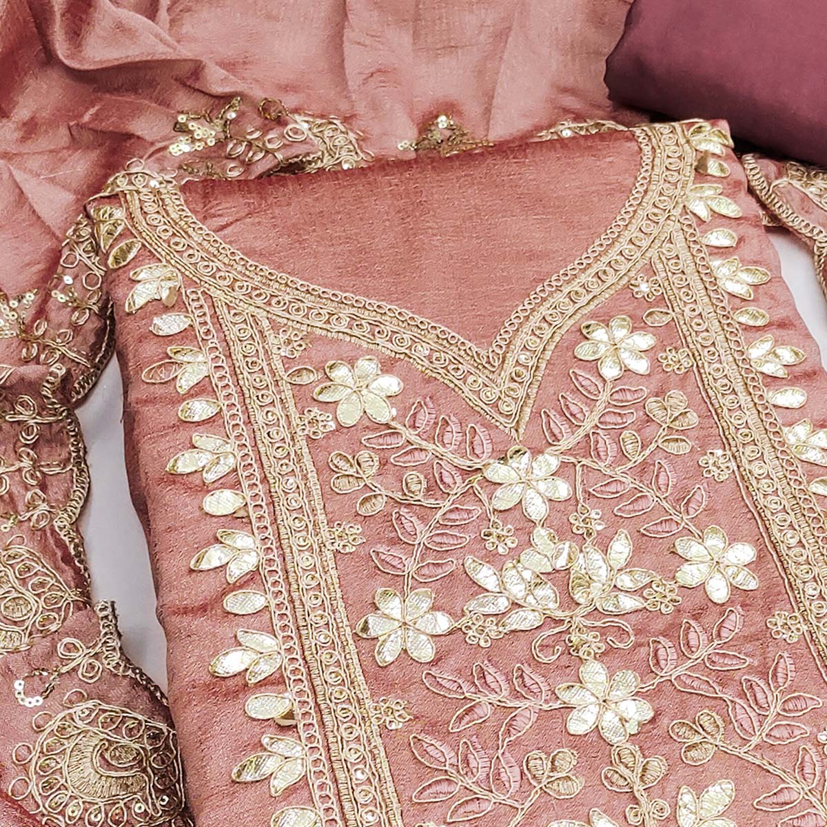 Timeless Dusty Peach Floral Embroidered Vichitra Silk Dress Material With Gota Patti Work