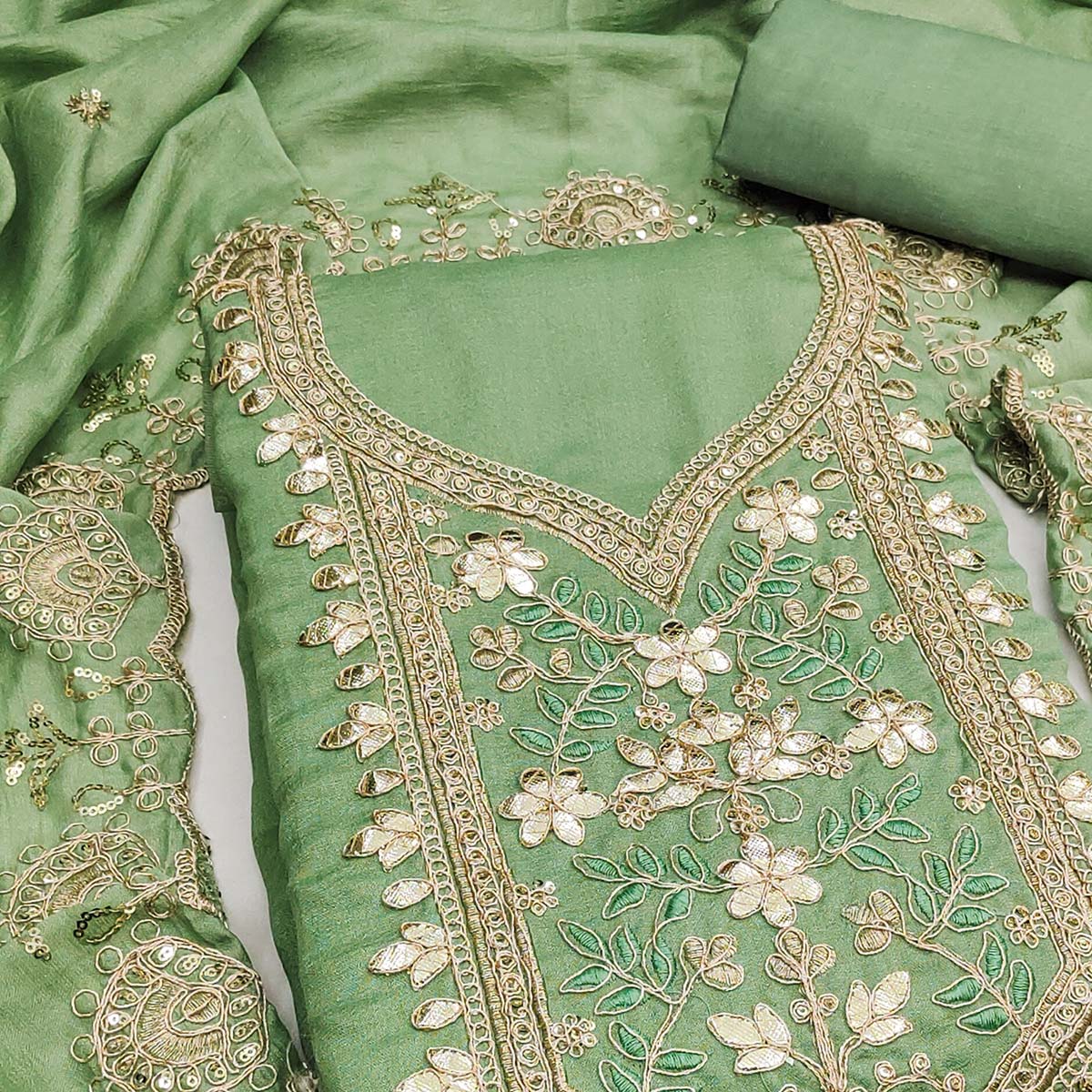 Timeless Green Floral Embroidered Vichitra Silk Dress Material Highlighted With Gota Patti Work