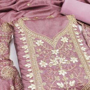 Timeless Onion Pink Floral Embroidered Vichitra Silk Dress Material Highlighted With Gota Patti Work