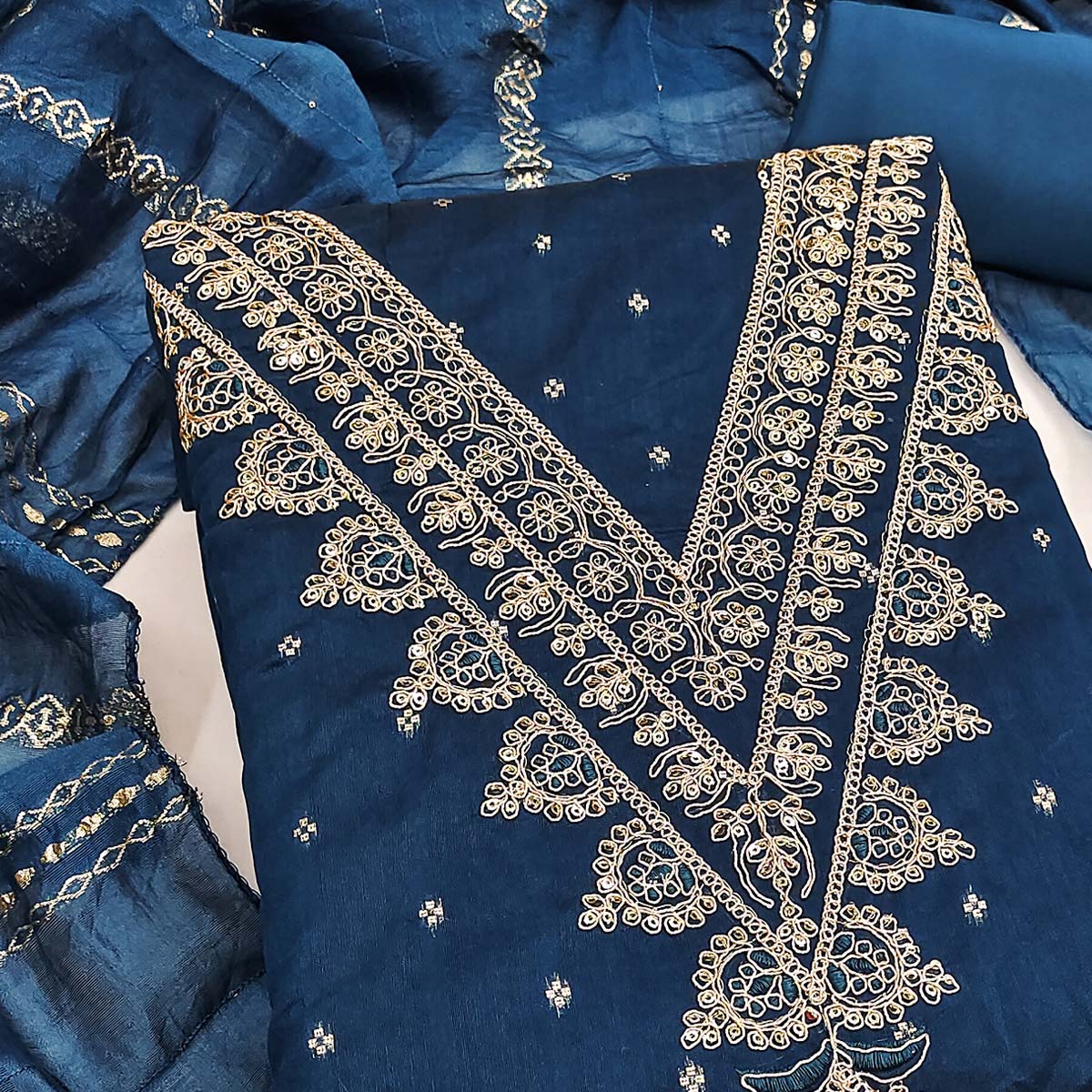 Graceful Blue Butti Motif Chanderi Silk Dress Material Featuring Floral Cording Embroidery Work