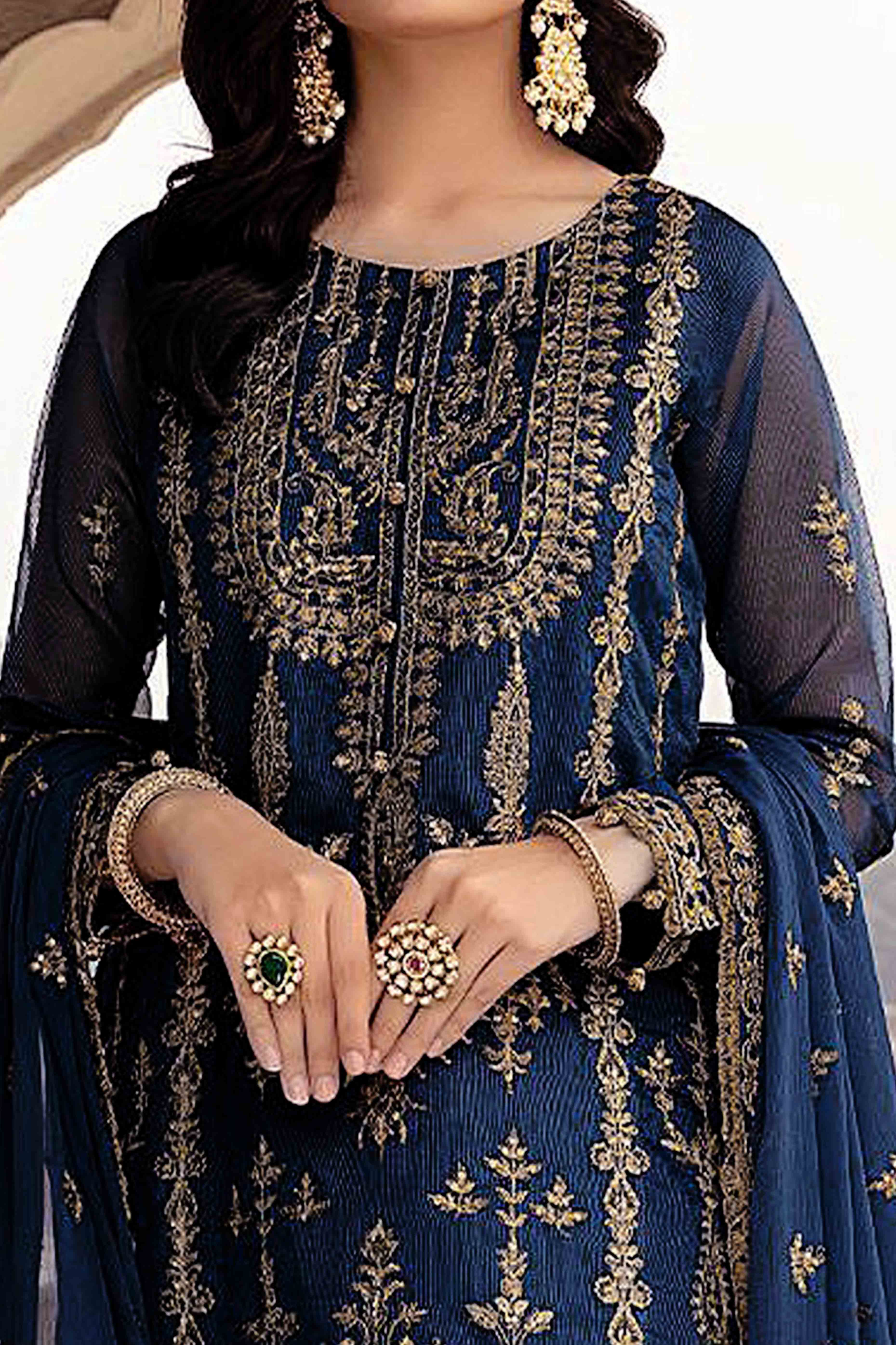 Blue Floral Sequins Embroidered Georgette Semi Stitched Suit