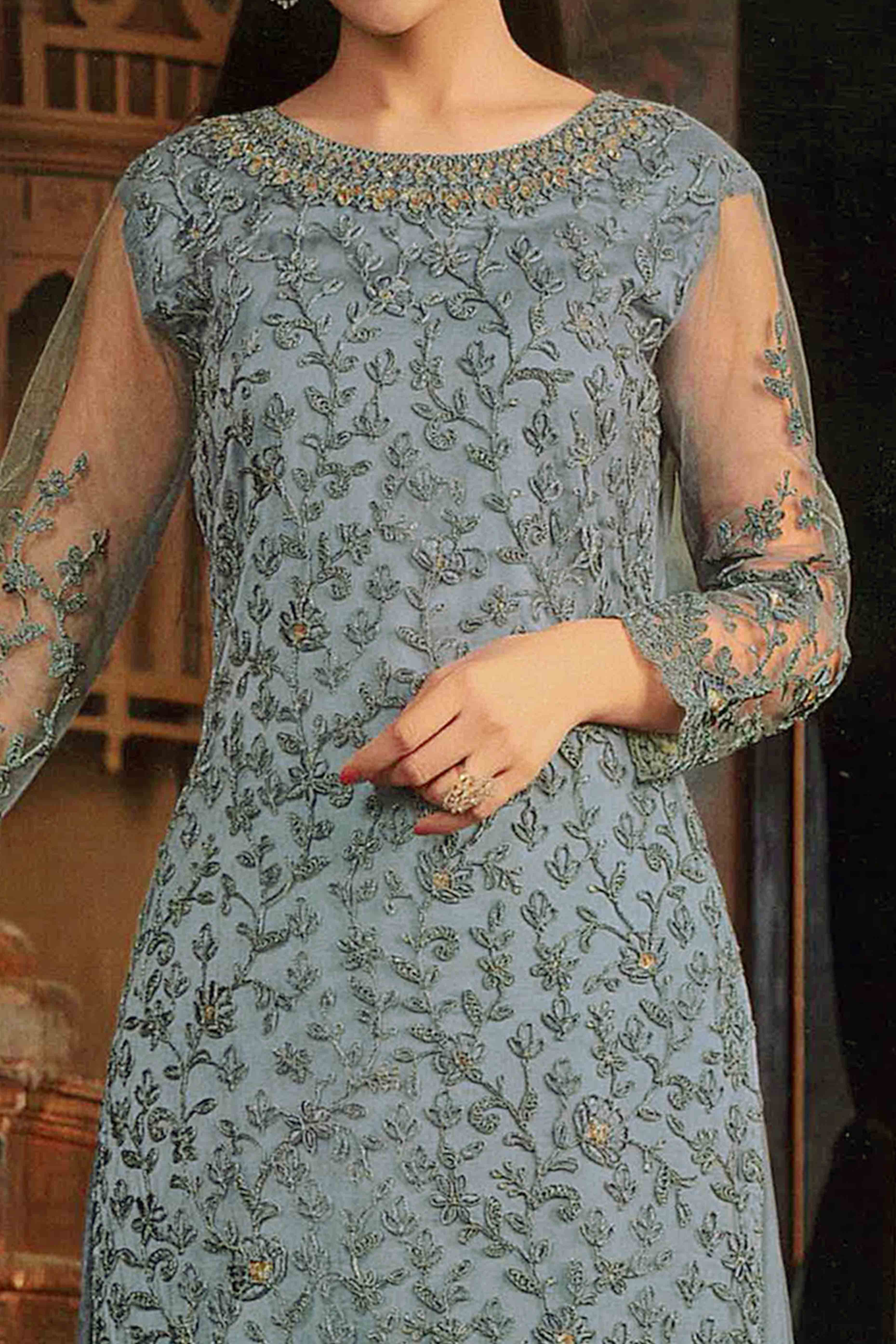 Blue Floral Sequins & Codding Embroidered Net Semi Stitched Suit