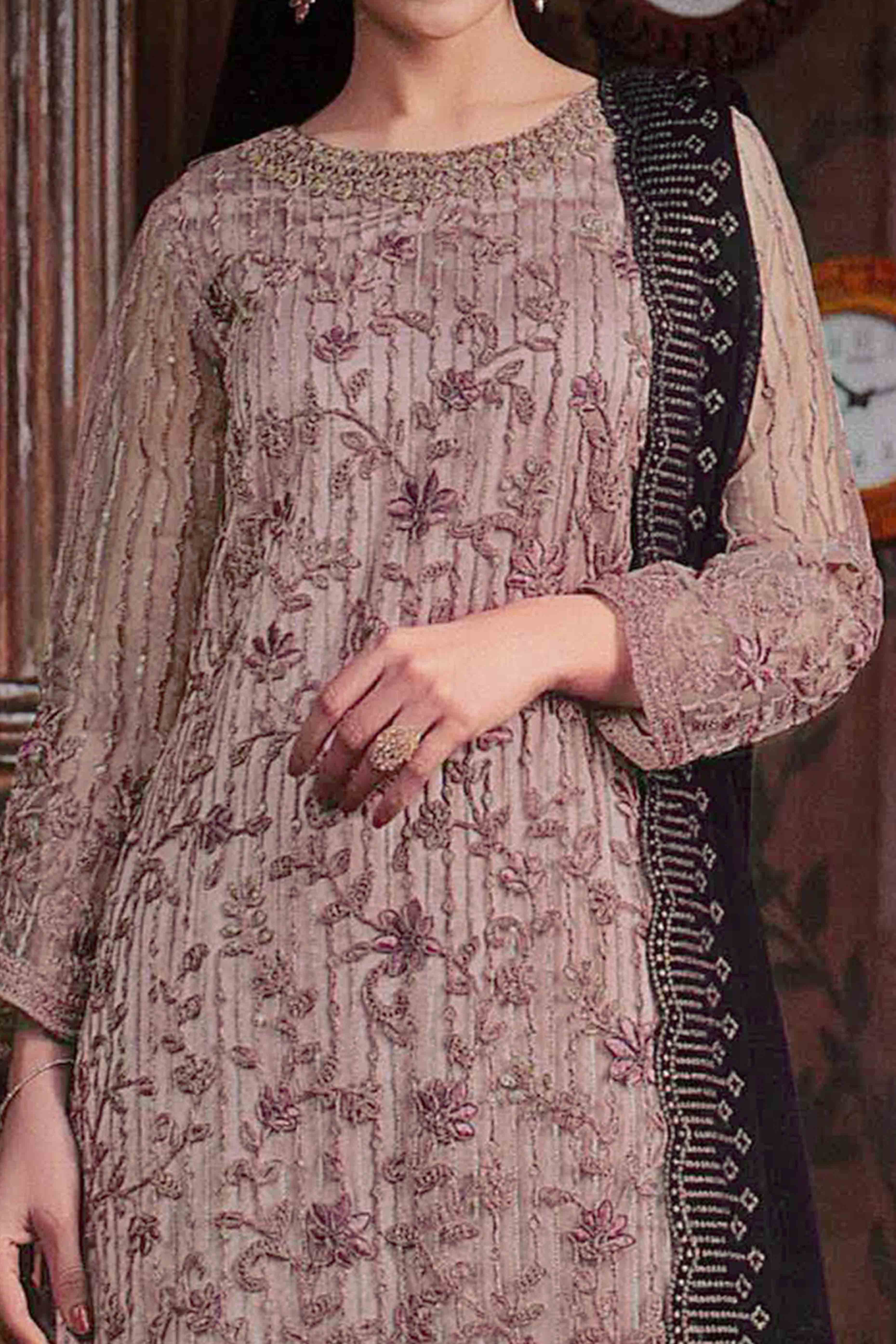 Onion Pink Floral Sequins & Codding Embroidered Net Semi Stitched Suit