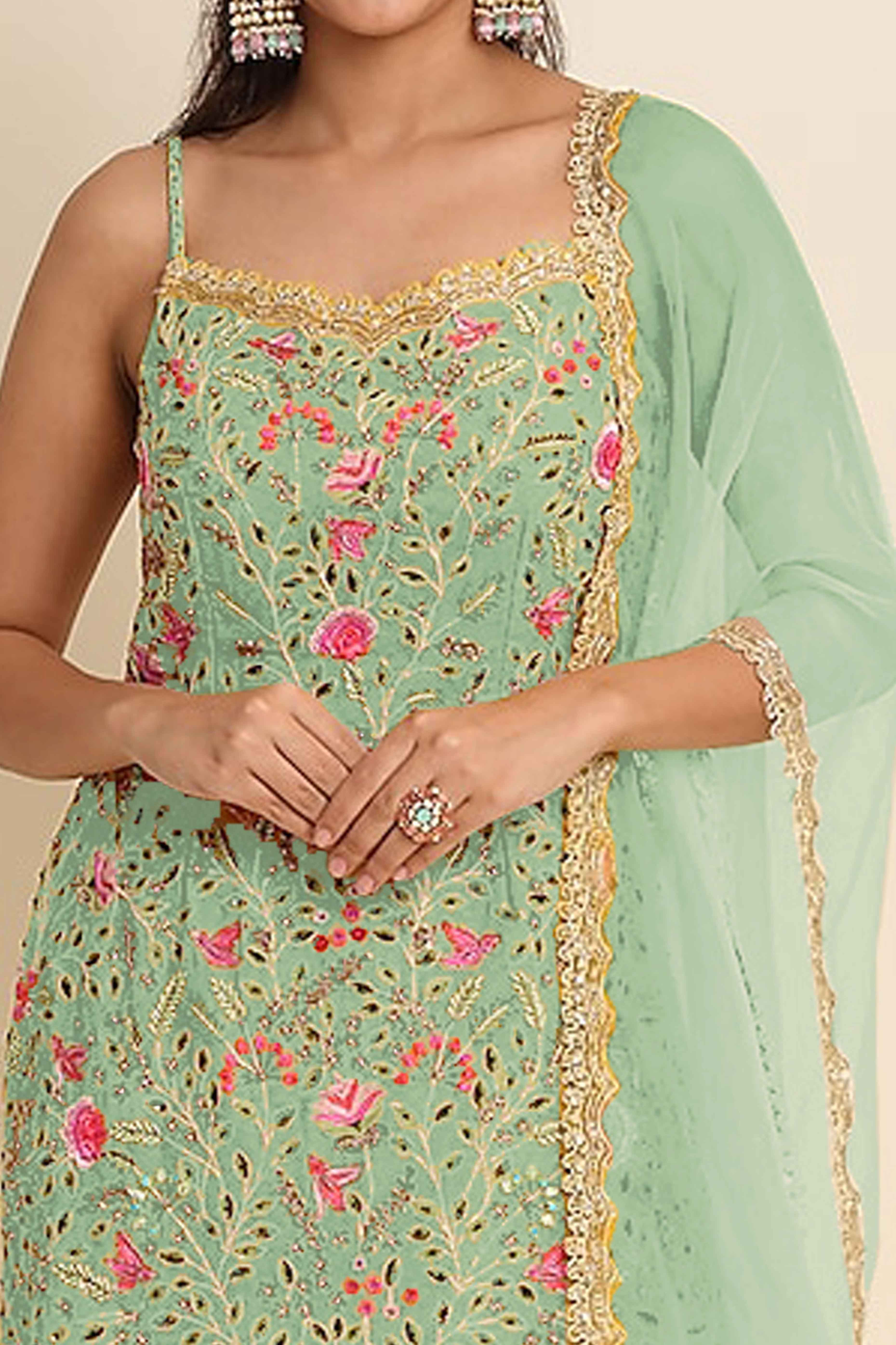 Green Floral Sequins Embroidered Georgette Semi Stitched Suit