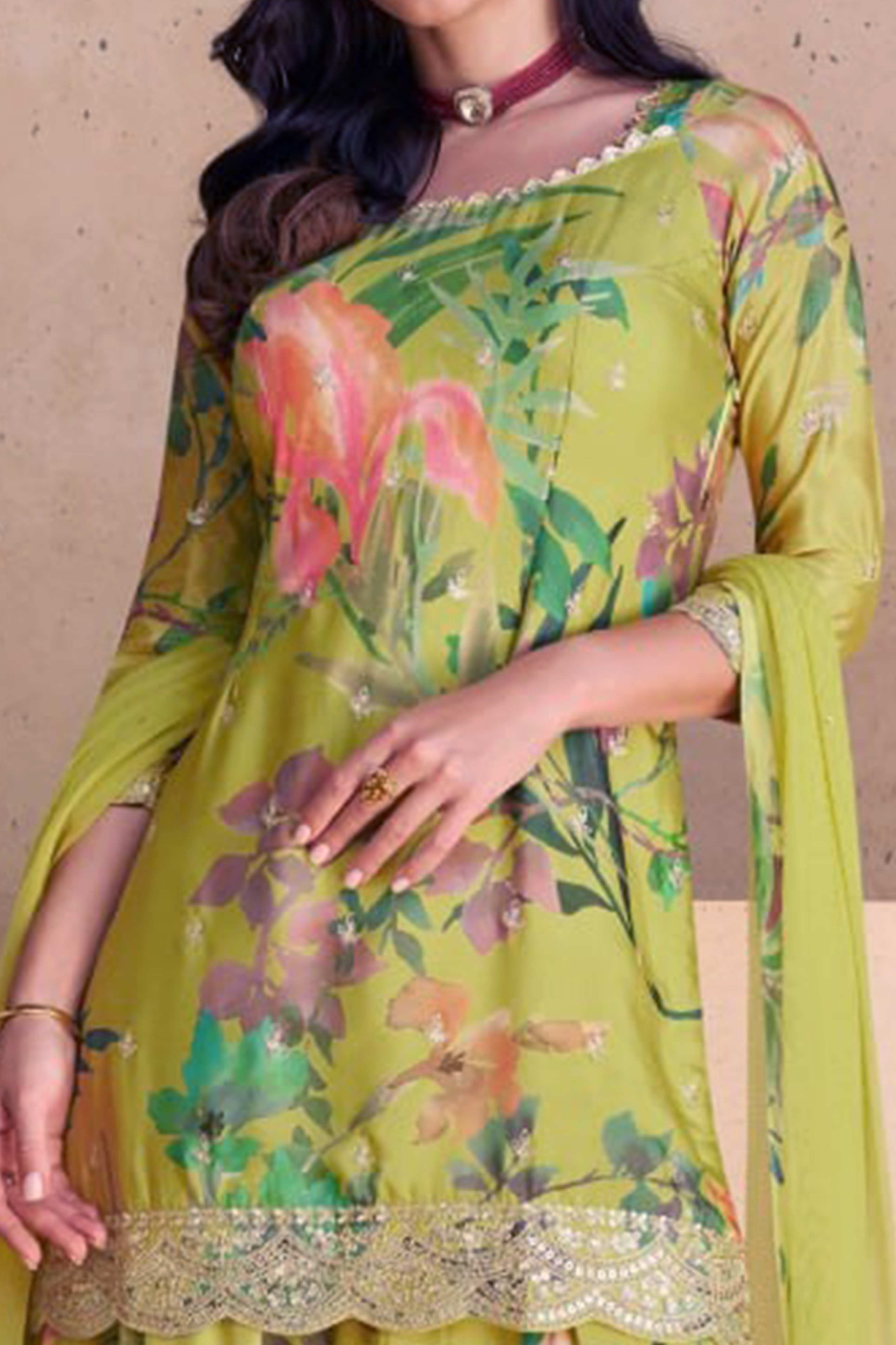 Green Floral Digital Print With Sequins Embroidered Chinon Palazzo Suit