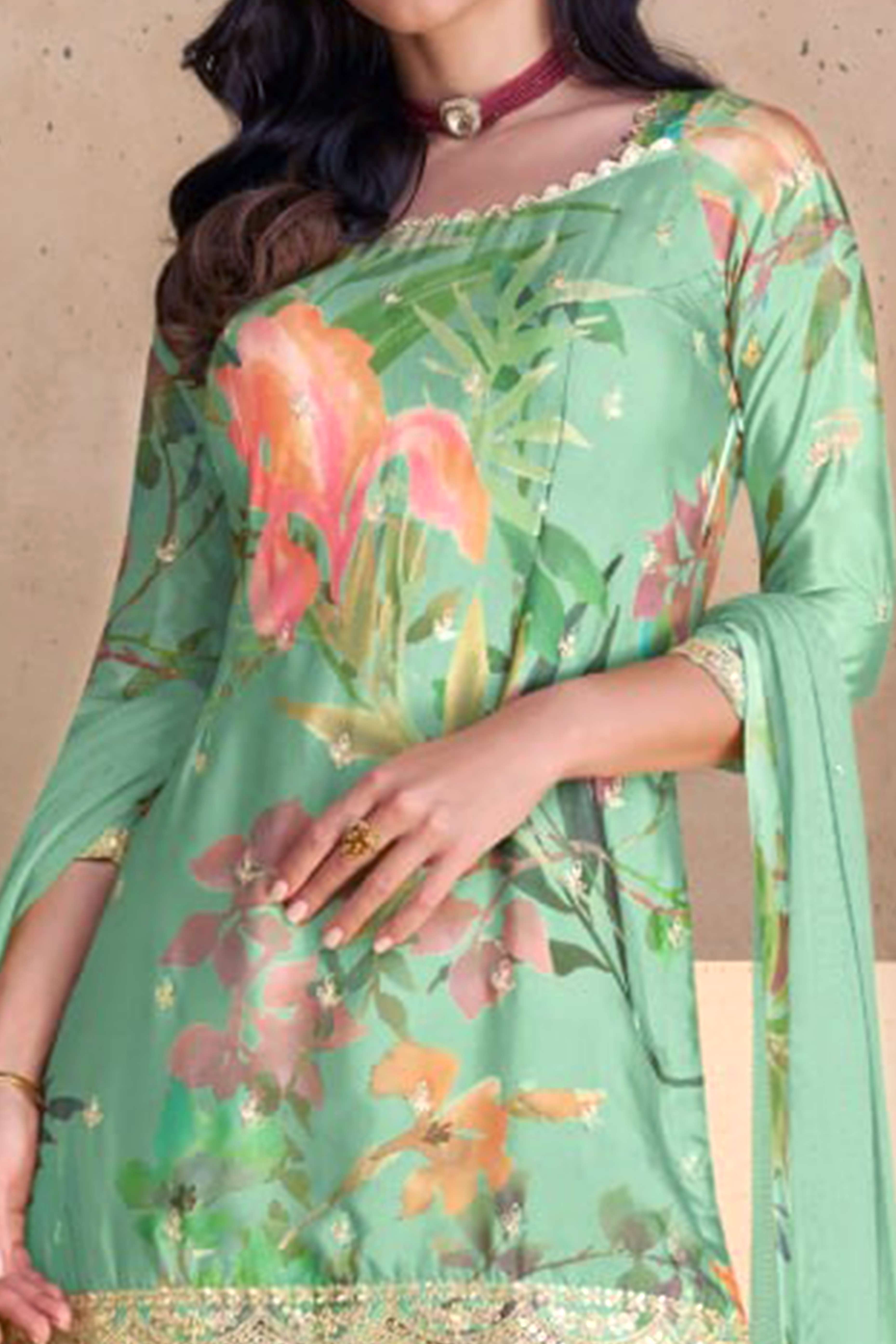 Turquoise Floral Digital Print With Sequins Embroidered Chinon Palazzo Suit