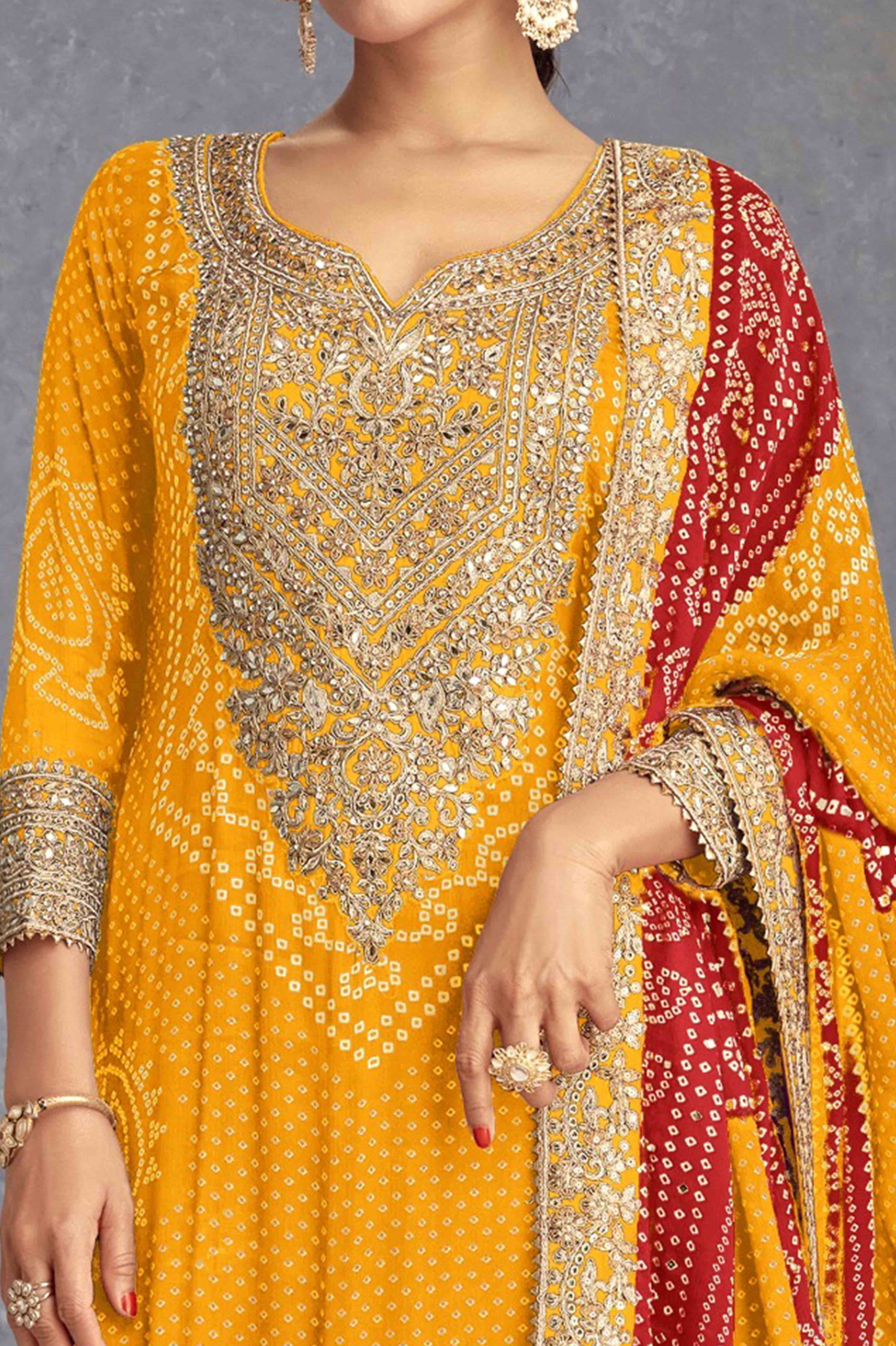 Mustard Bandhani Digital Print With Sequins & Mirror Work Chinon Palazzo Suit