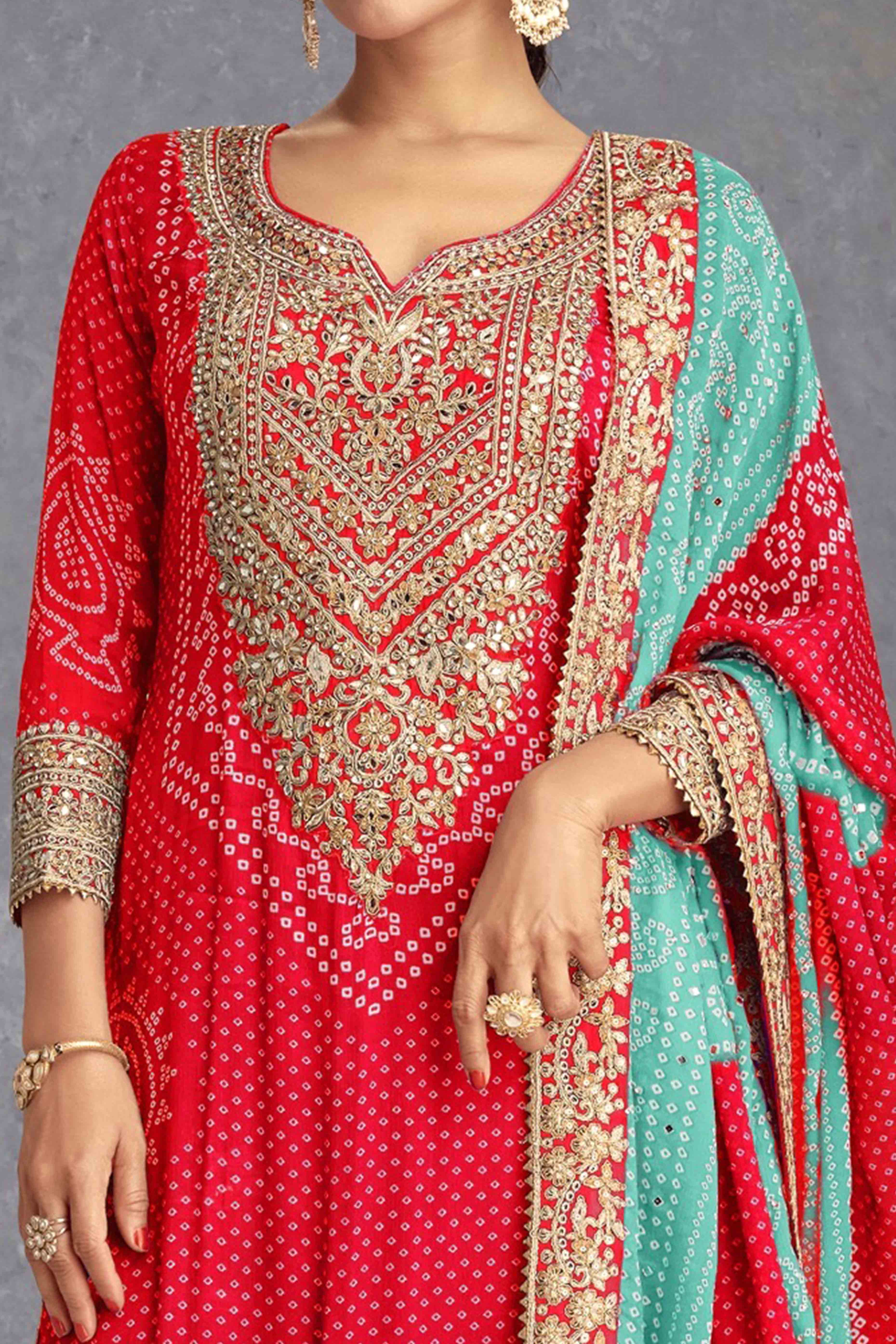 Red Bandhani Digital Print With Sequins & Mirror Work Chinon Palazzo Suit