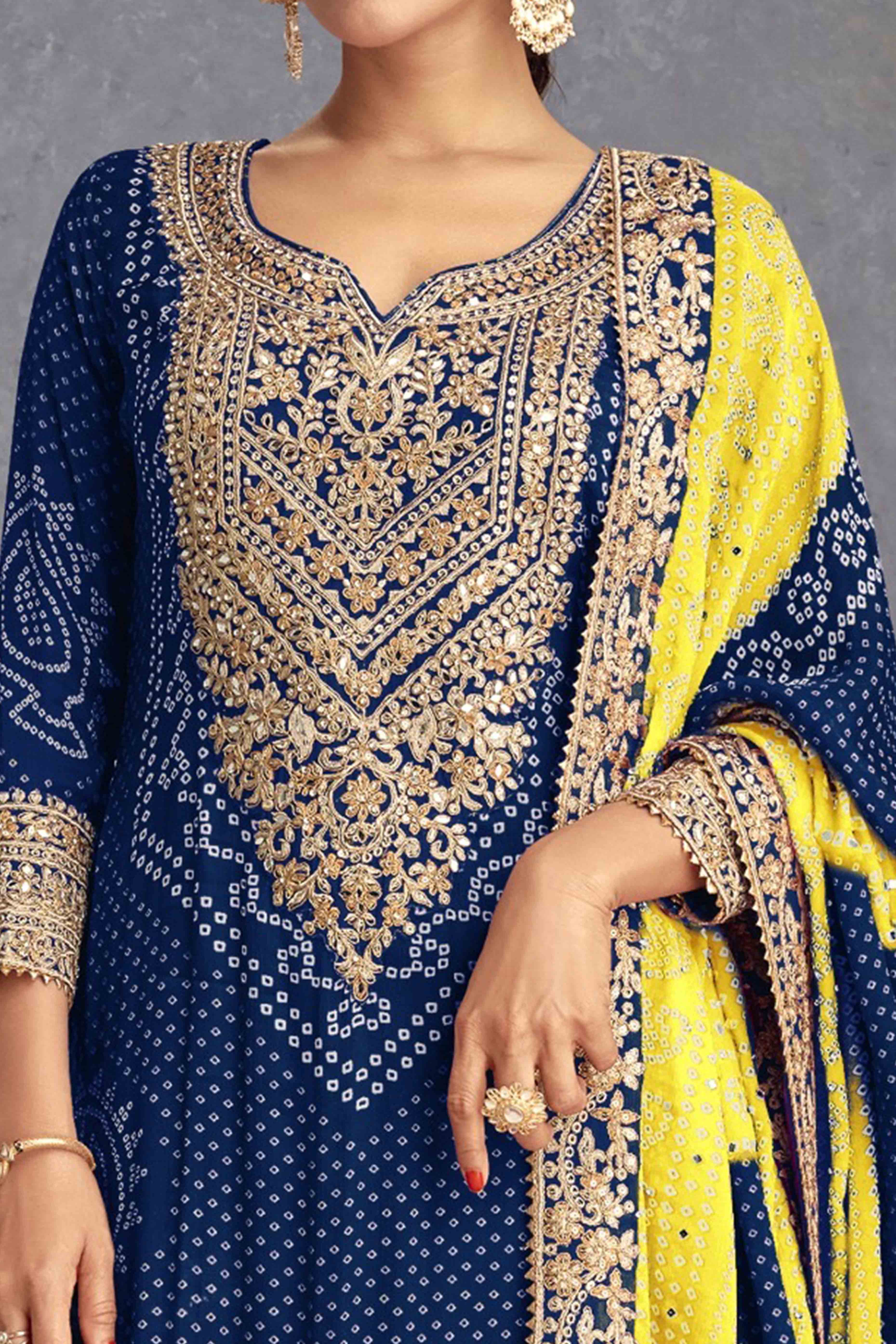 Blue Bandhani Digital Print With Sequins & Mirror Work Chinon Palazzo Suit