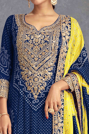 Blue Bandhani Digital Print With Sequins & Mirror Work Chinon Palazzo Suit