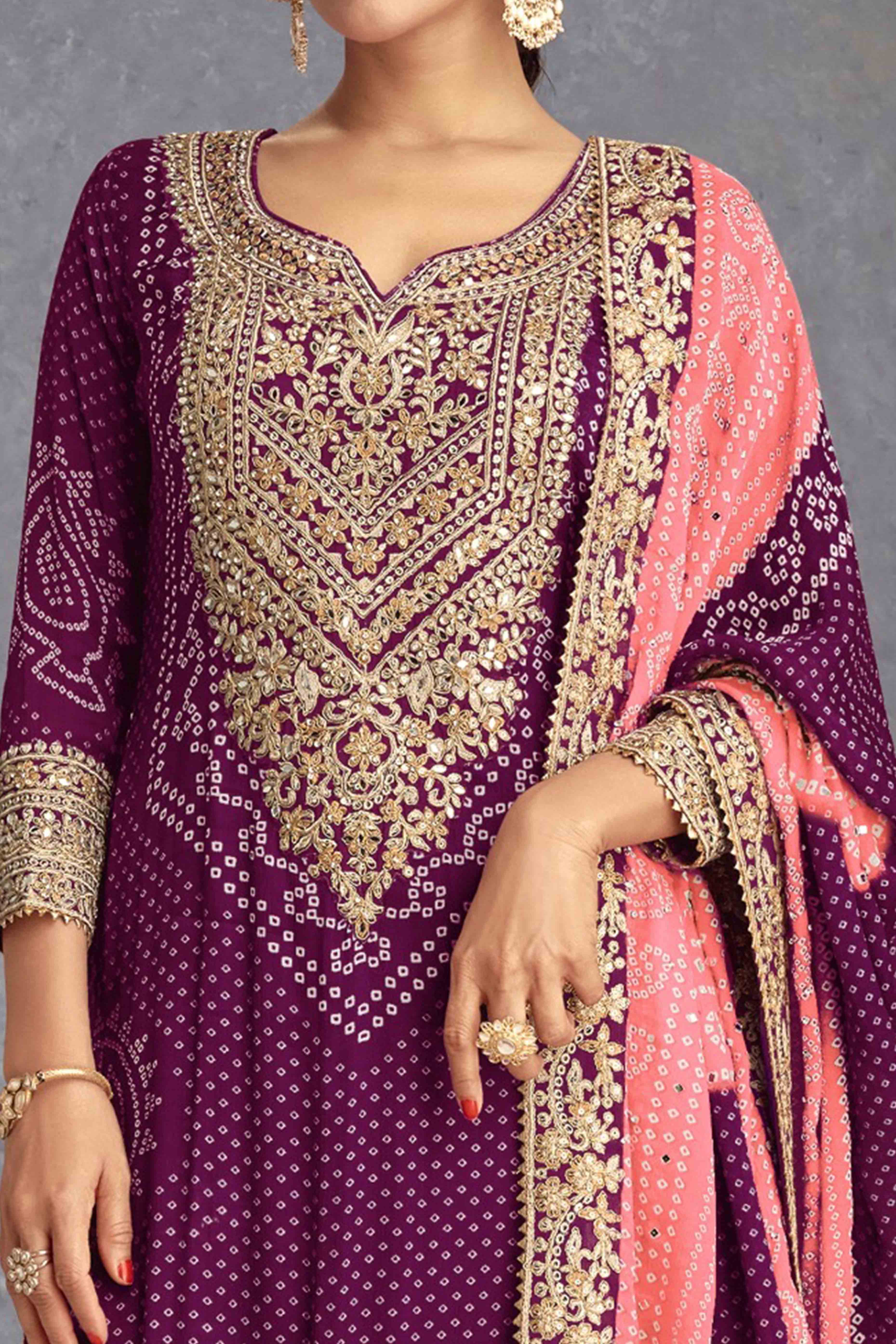 Purple Bandhani Digital Print With Sequins & Mirror Work Chinon Palazzo Suit