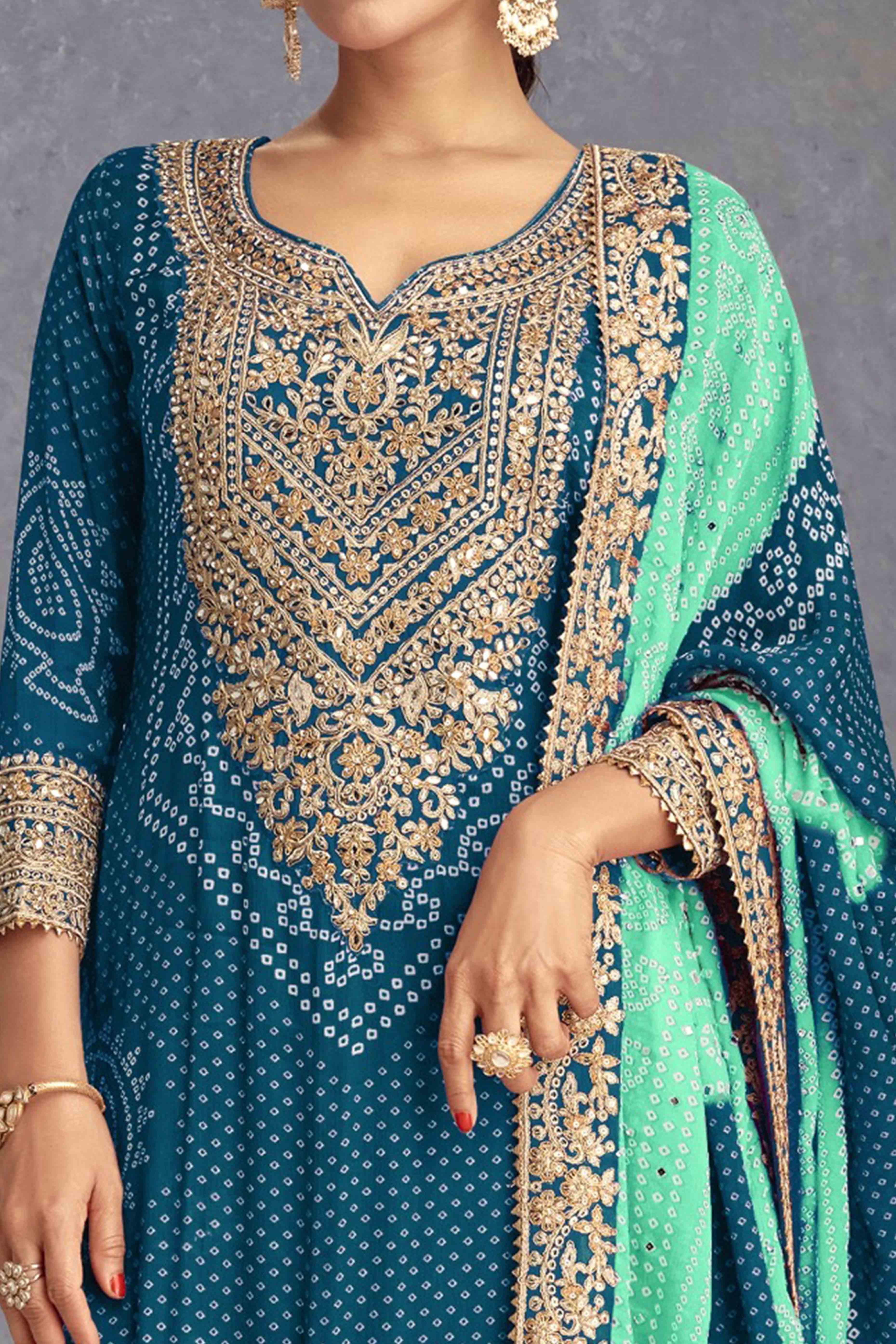 Teal Bandhani Digital Print With Sequins & Mirror Work Chinon Palazzo Suit