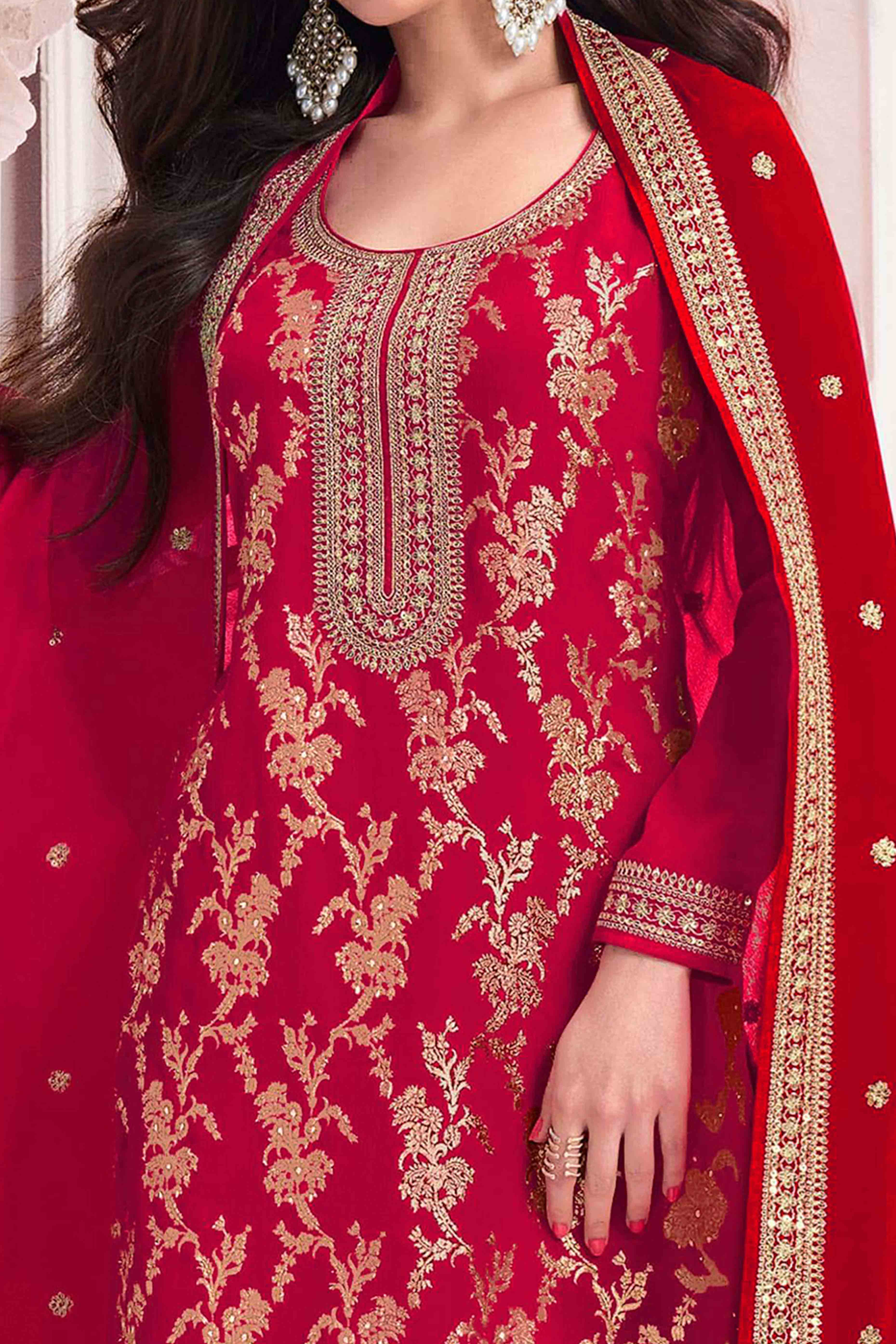 Rani Pink Floral Embroidered Jacquard Viscose Semi Stitched Suit