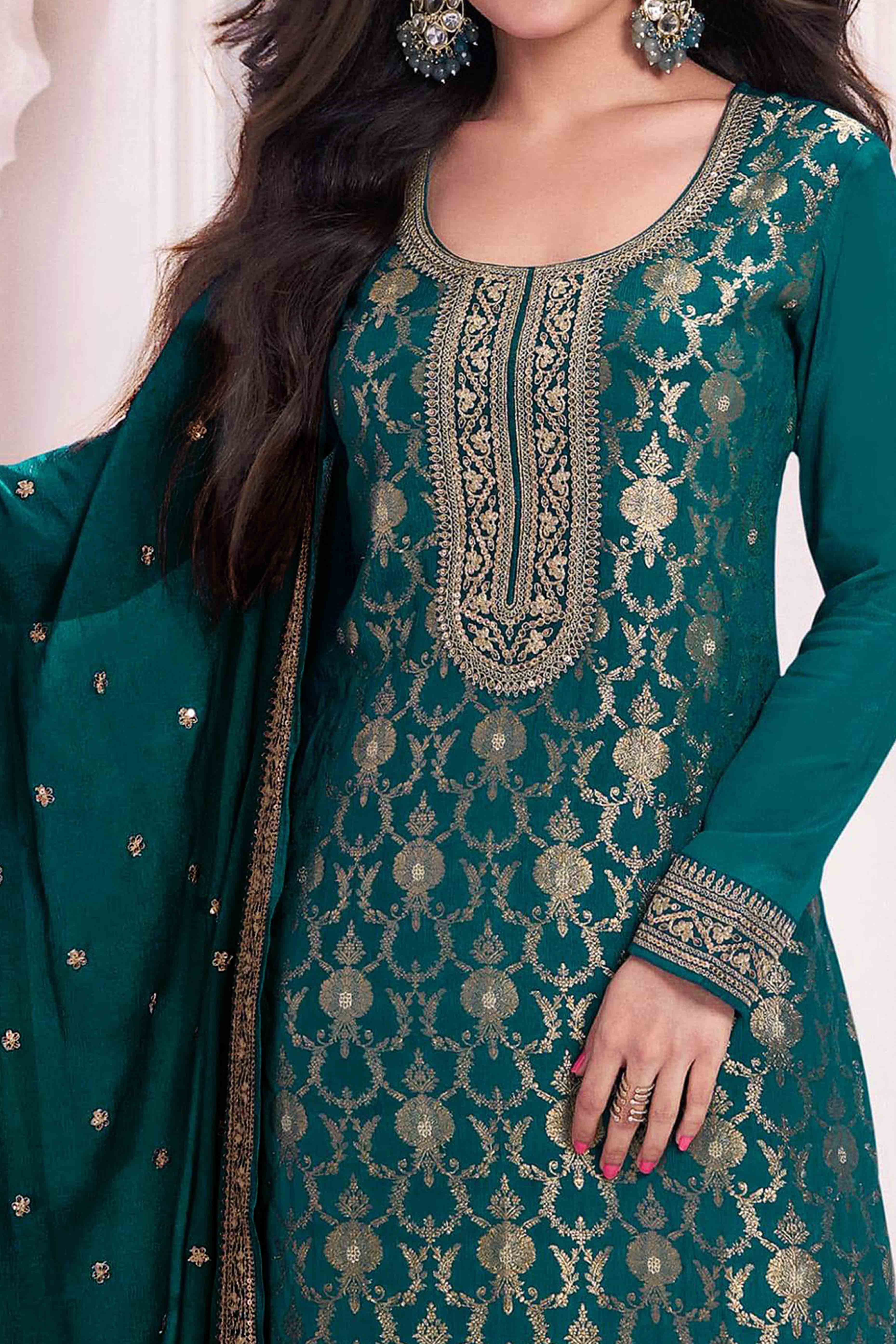 Teal Floral Embroidered Jacquard Viscose Semi Stitched Suit