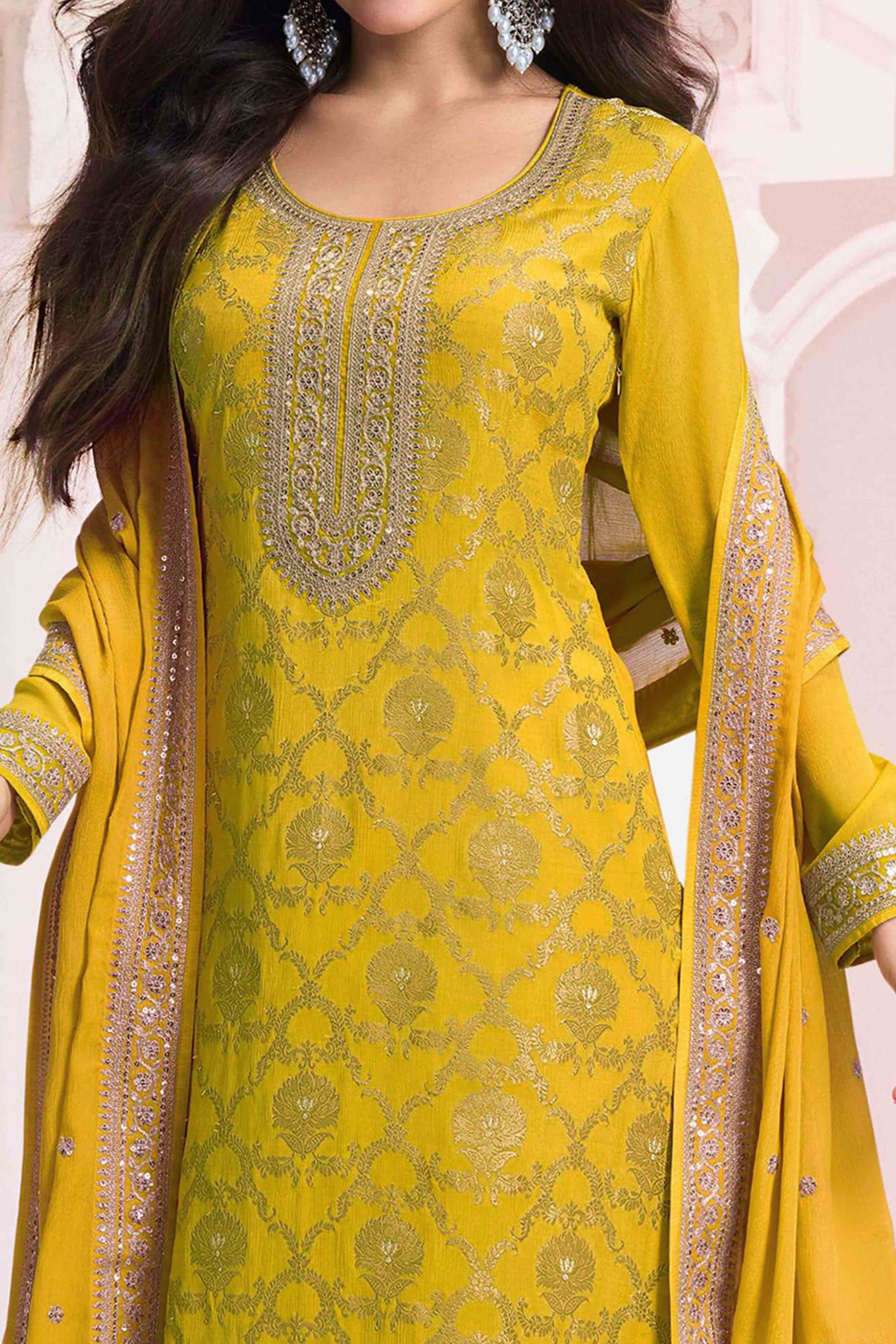 Mustard Floral Embroidered Jacquard Viscose Semi Stitched Suit