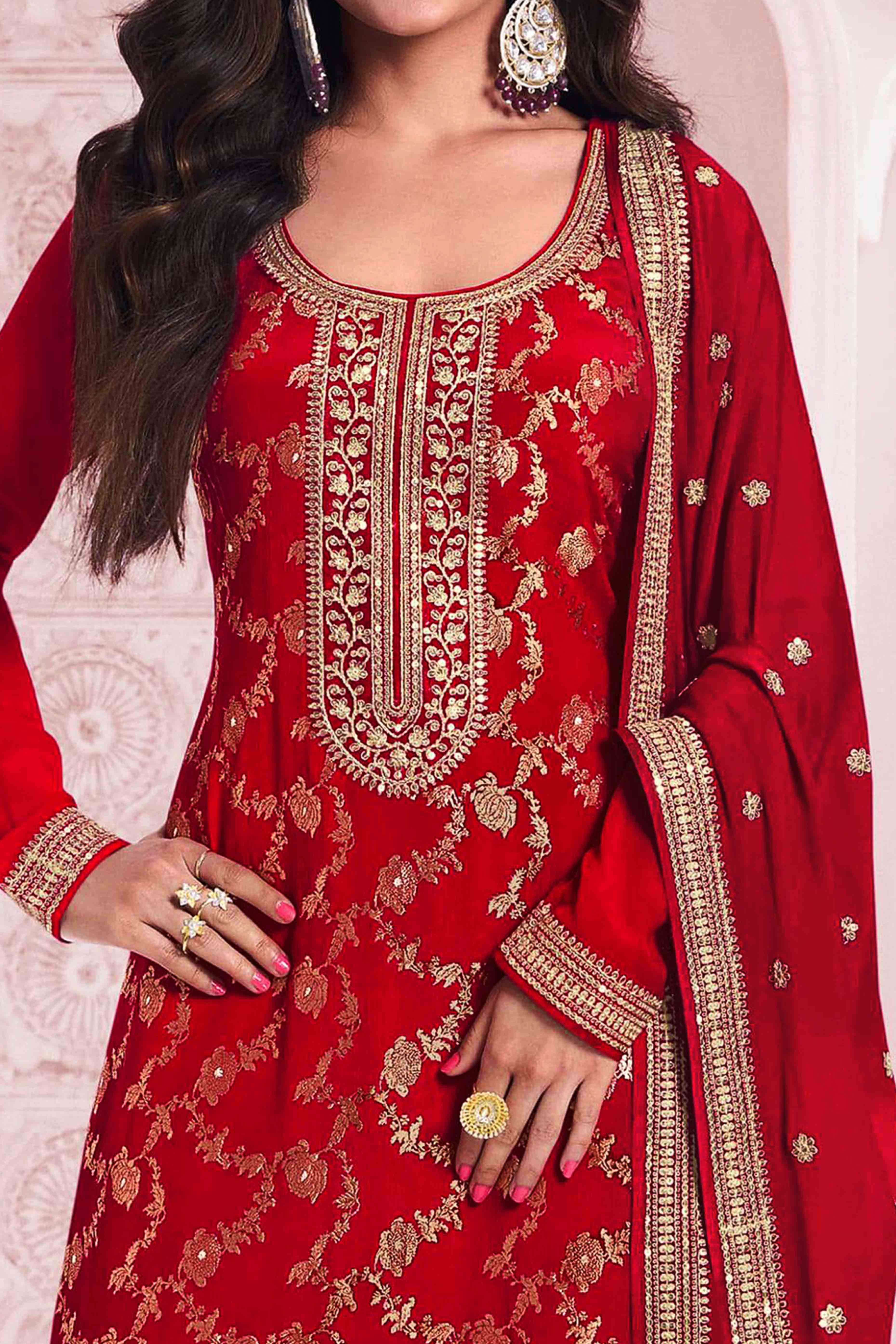 Red Floral Embroidered Jacquard Viscose Semi Stitched Suit