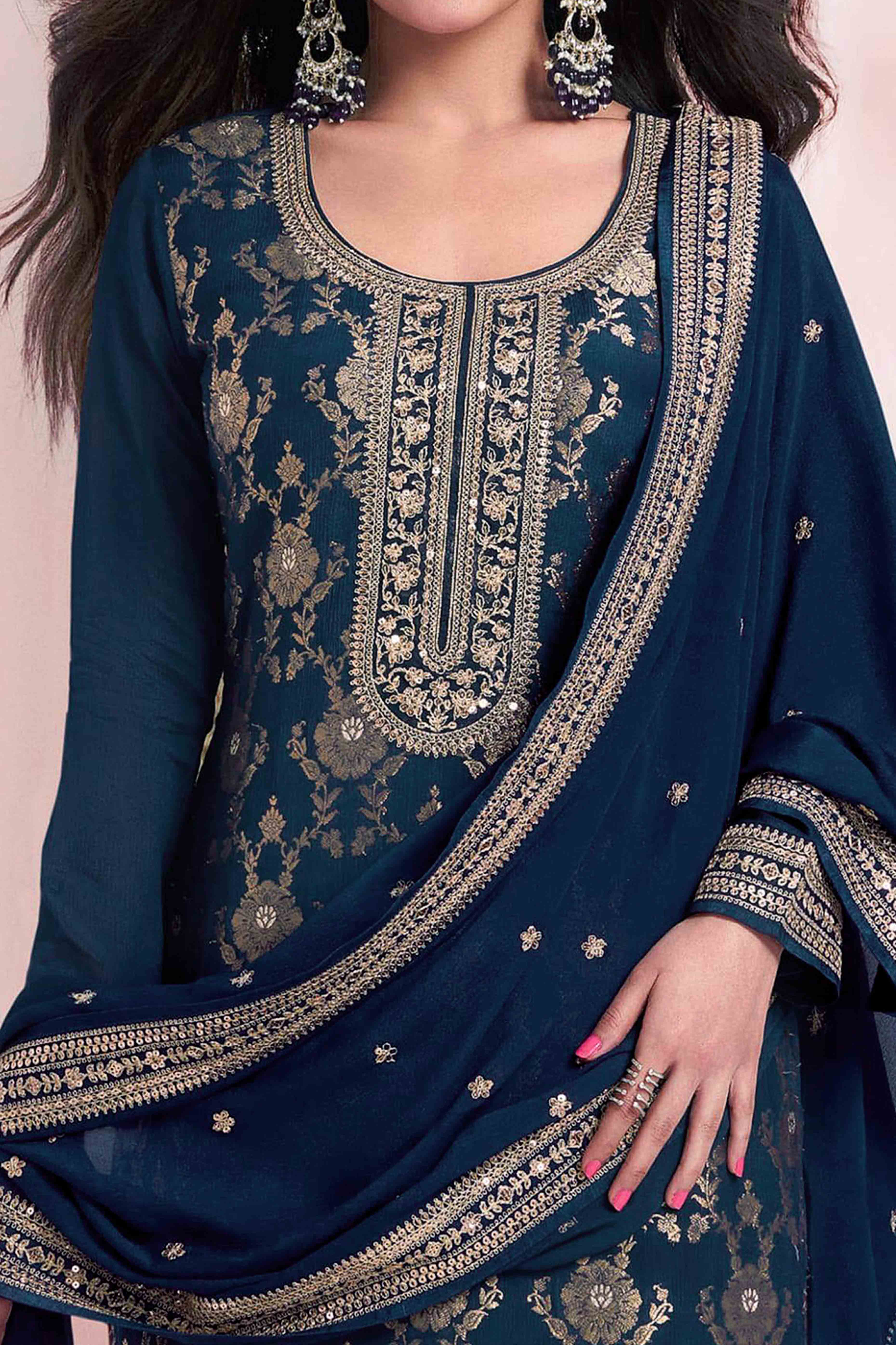 Blue Floral Embroidered Jacquard Viscose Semi Stitched Suit