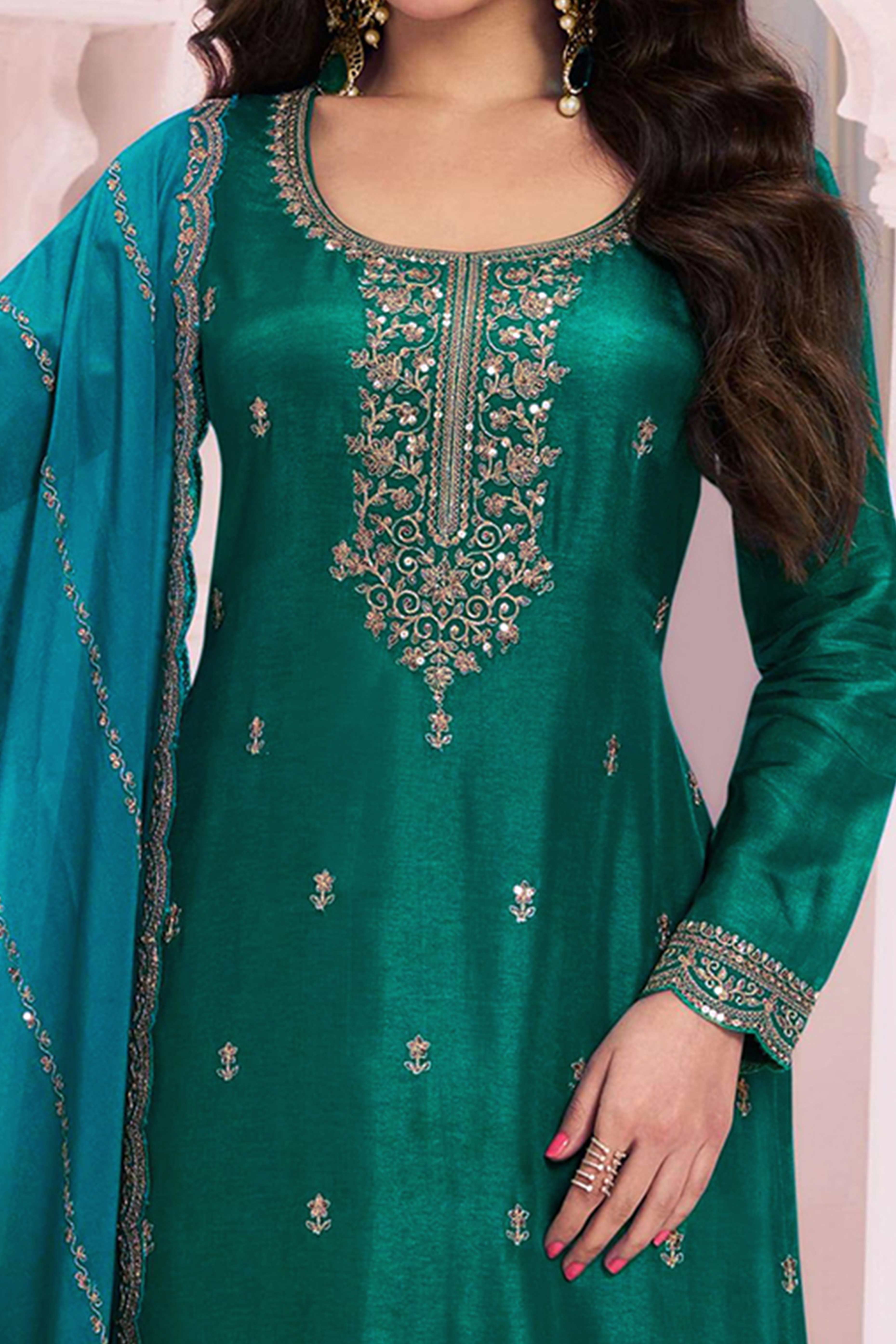 Green Sequins Embroidered Butti Vichitra Silk Semi Stitched Salwar Suit