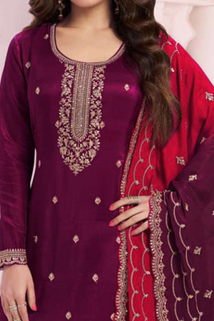 Wine Sequins Embroidered Butti Vichitra Silk Semi Stitched Salwar Suit