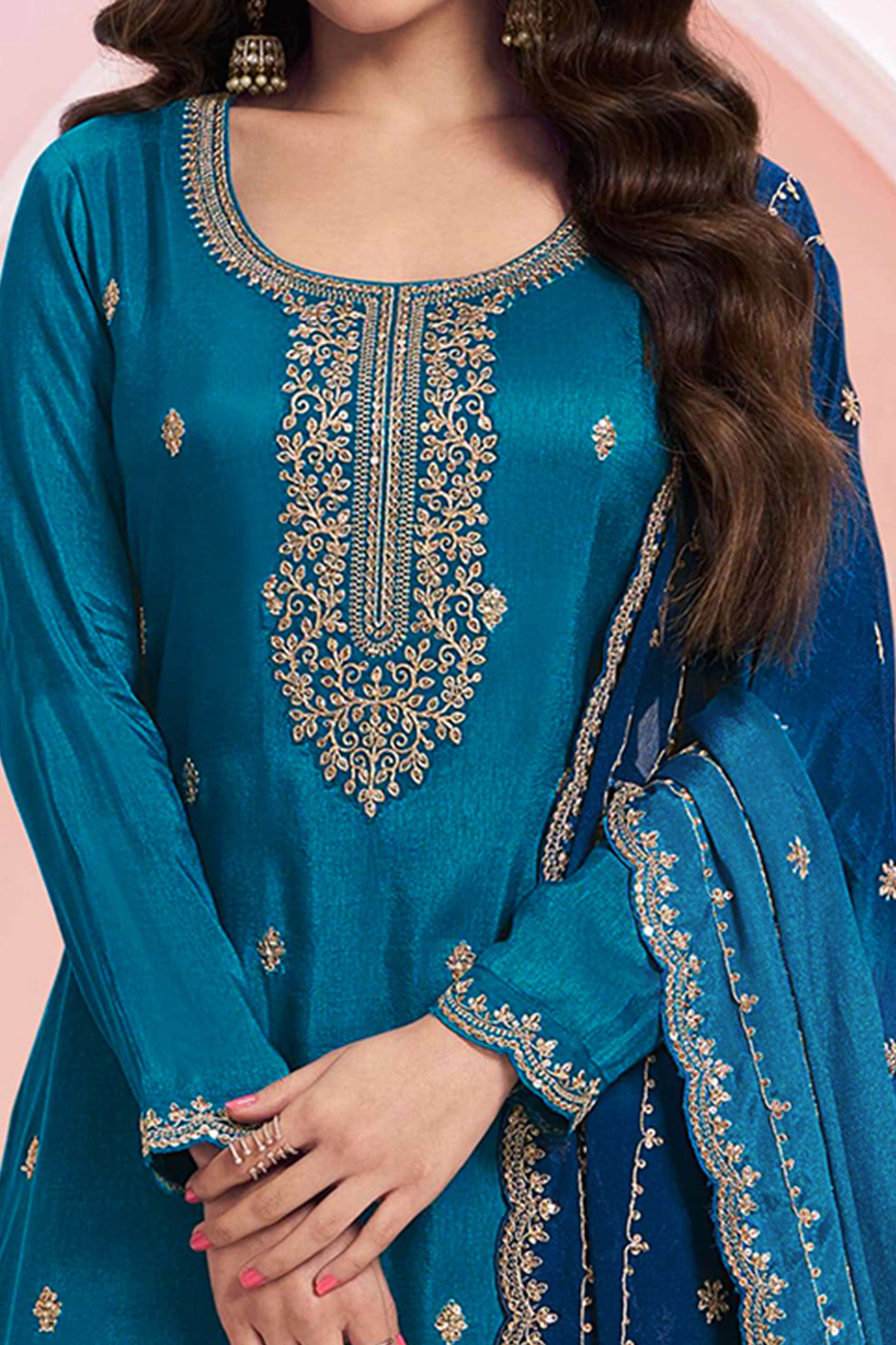 Blue Sequins Embroidered Butti Vichitra Silk Semi Stitched Salwar Suit