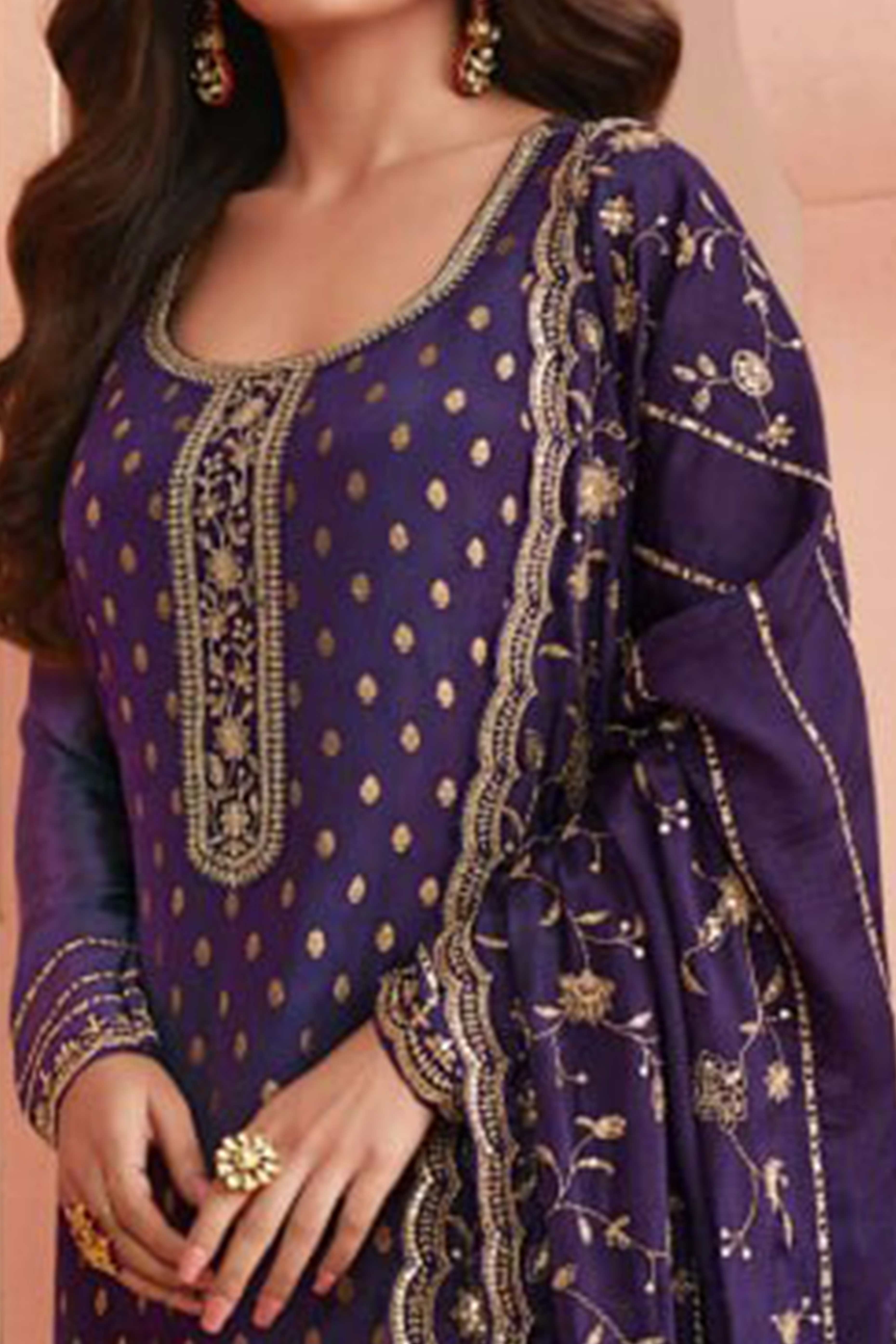 Dark Purple Dola Jacquard Silk Semi Stitched Salwar Suit with Heavy Embroidery