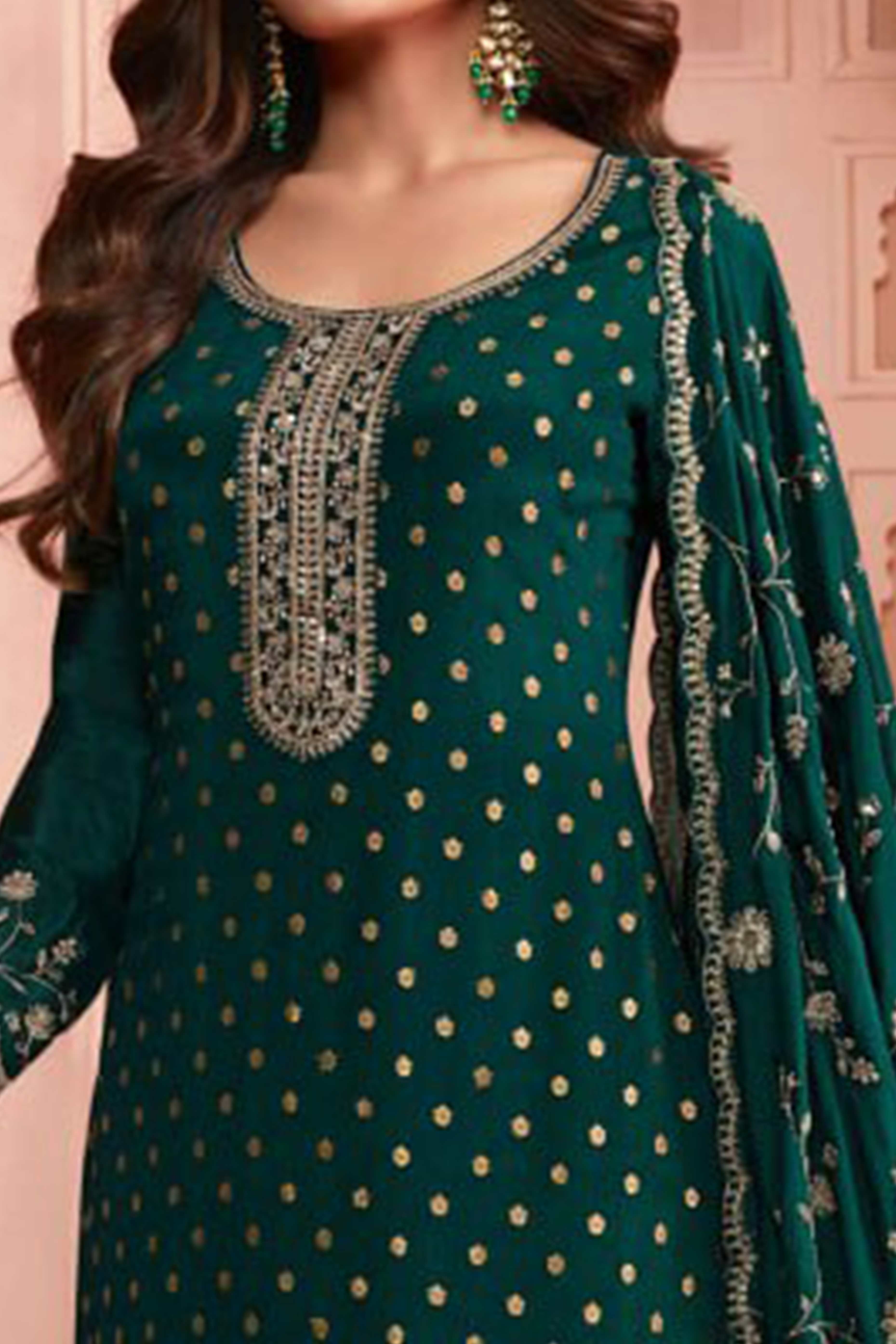Green Dola Jacquard Silk Semi Stitched Salwar Suit with Heavy Embroidery