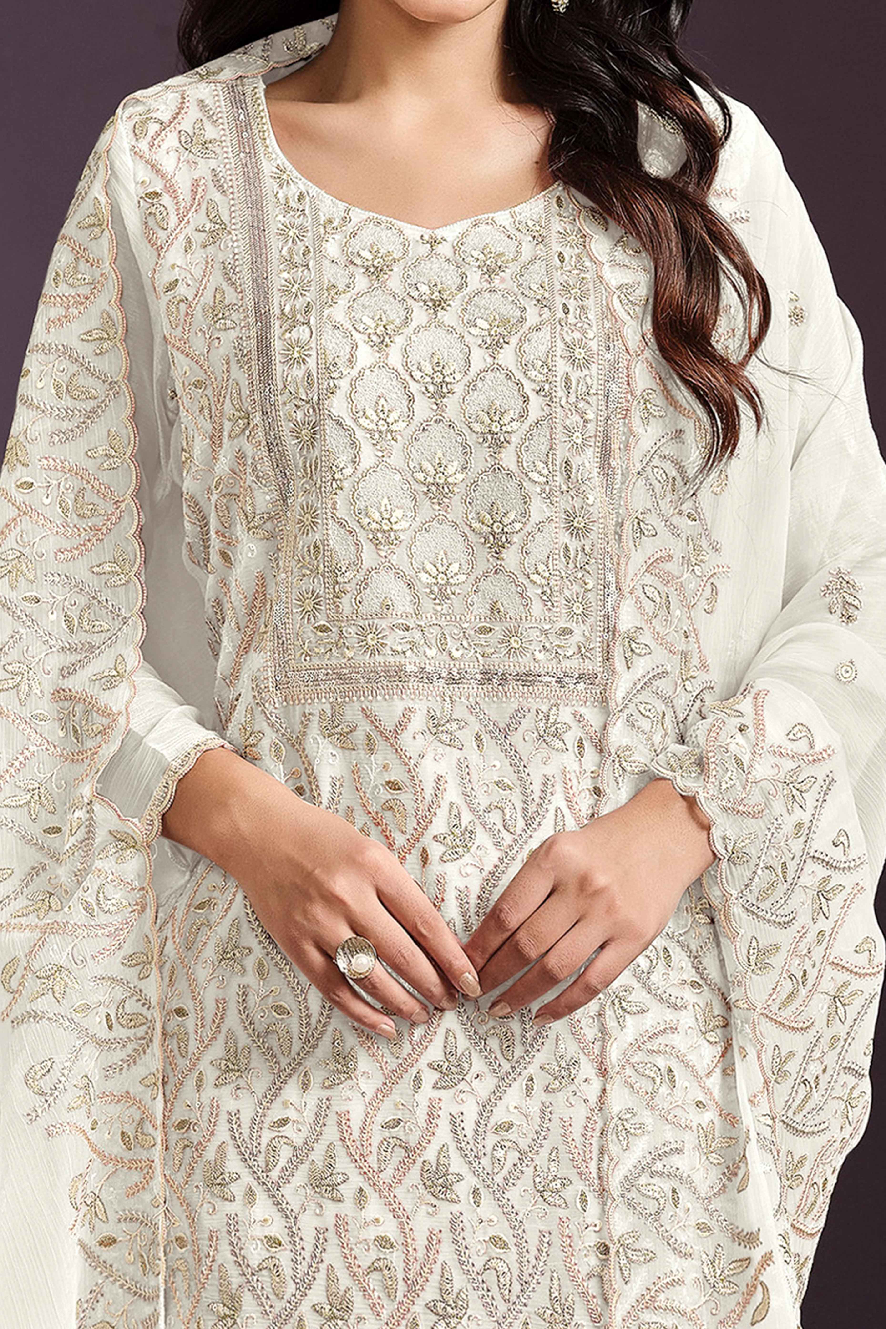 White Chinon Silk Semi Stitched Suit With Floral Thread Embroidery & Sequin