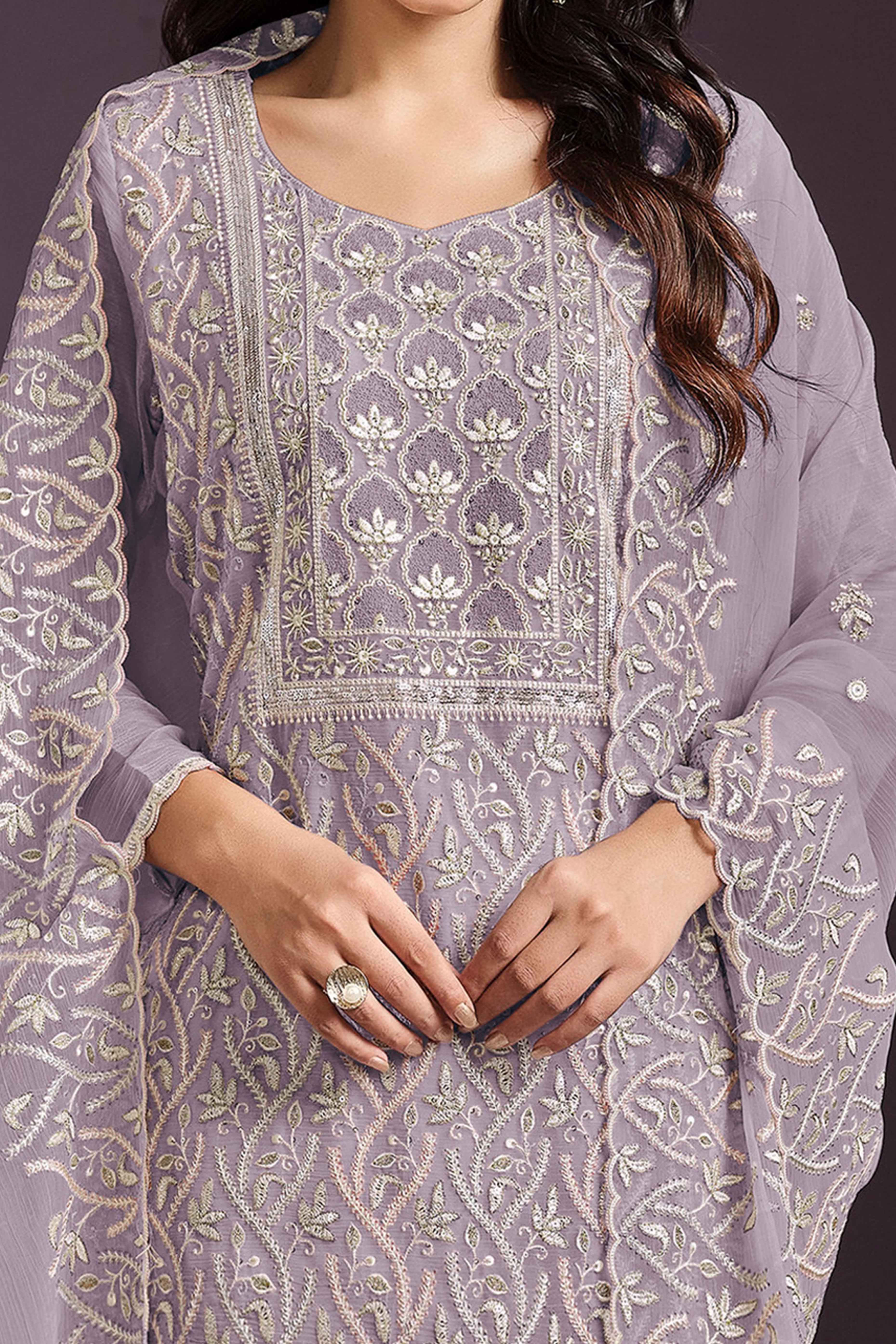 Lavender Chinon Silk Semi Stitched Suit With Floral Thread Embroidery & Sequin