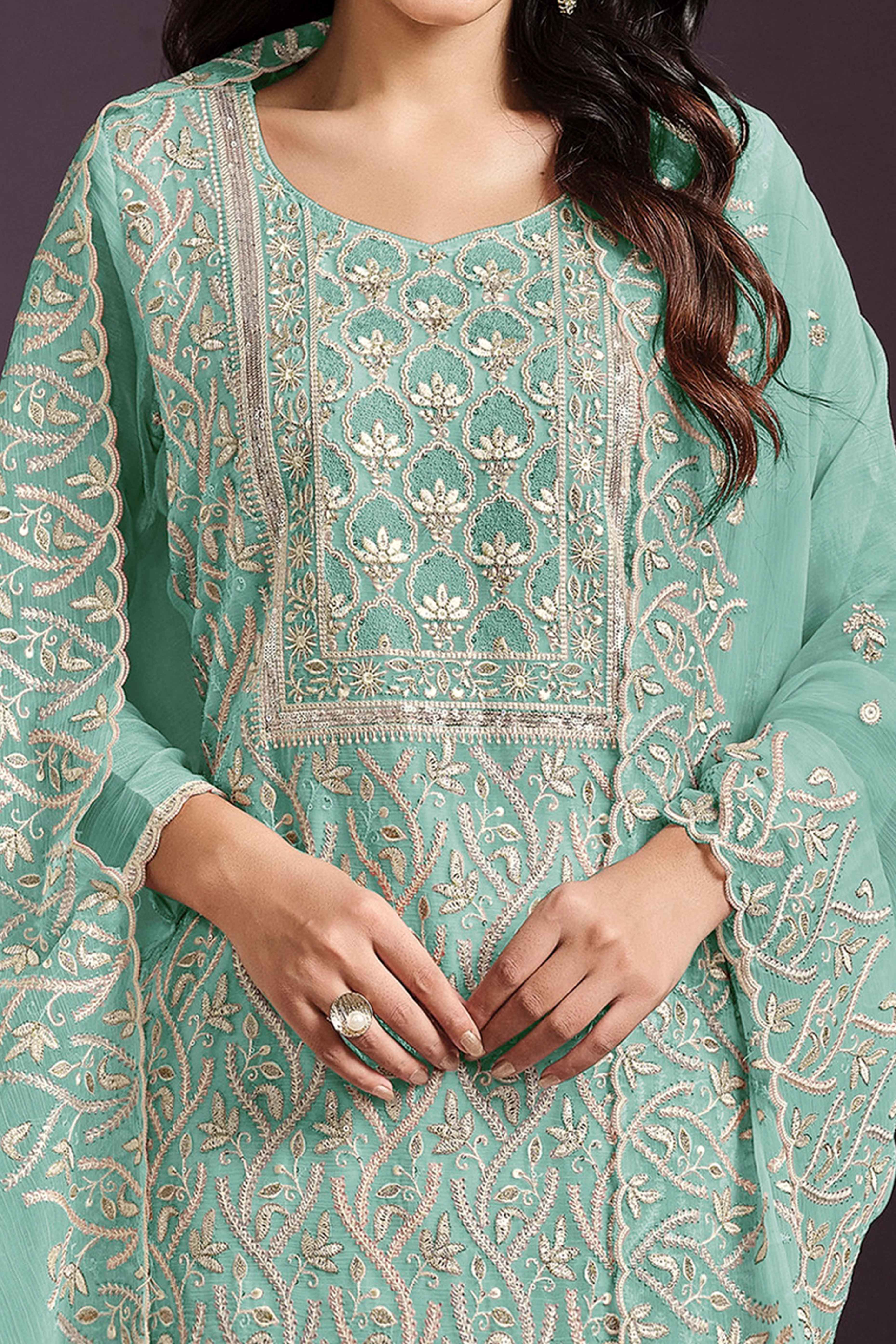 Turquoise Chinon Silk Semi Stitched Suit With Floral Thread Embroidery & Sequin