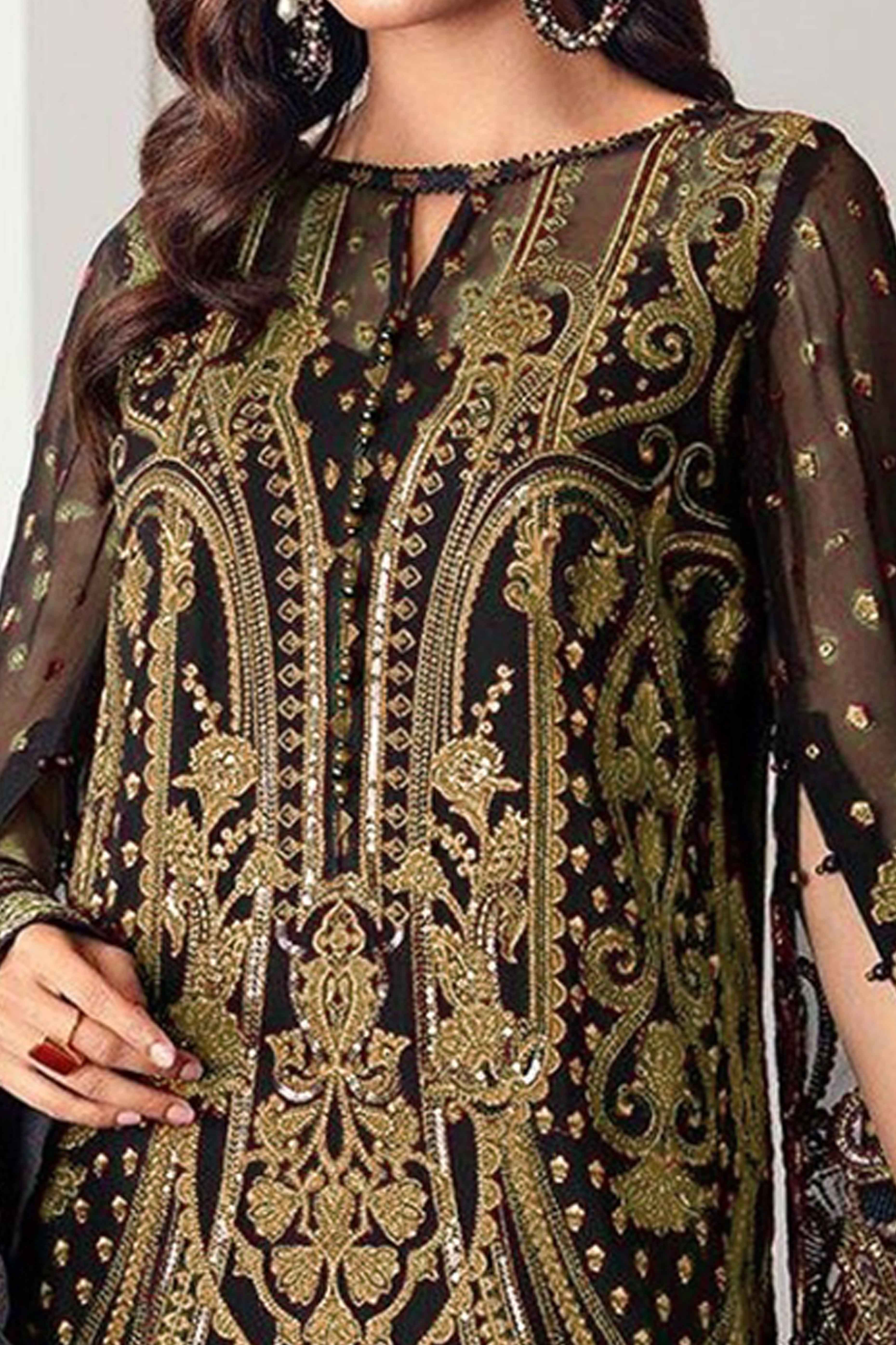 Black Georgette Semi Stitched Suit With Floral Goldern Yellow Embroidery & Zarkan Work