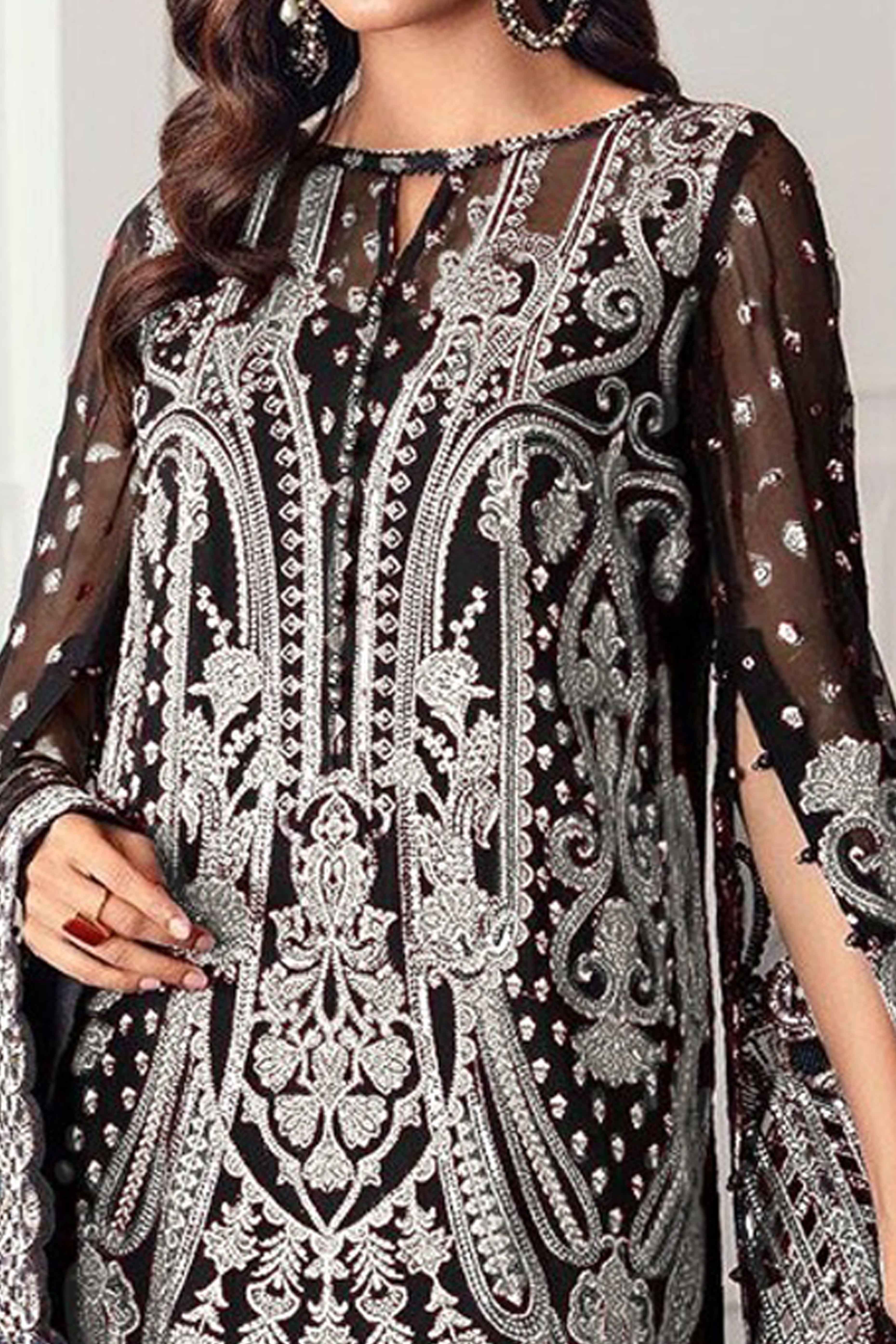 Black Georgette Semi Stitched Suit With Floral White Embroidery & Zarkan Work
