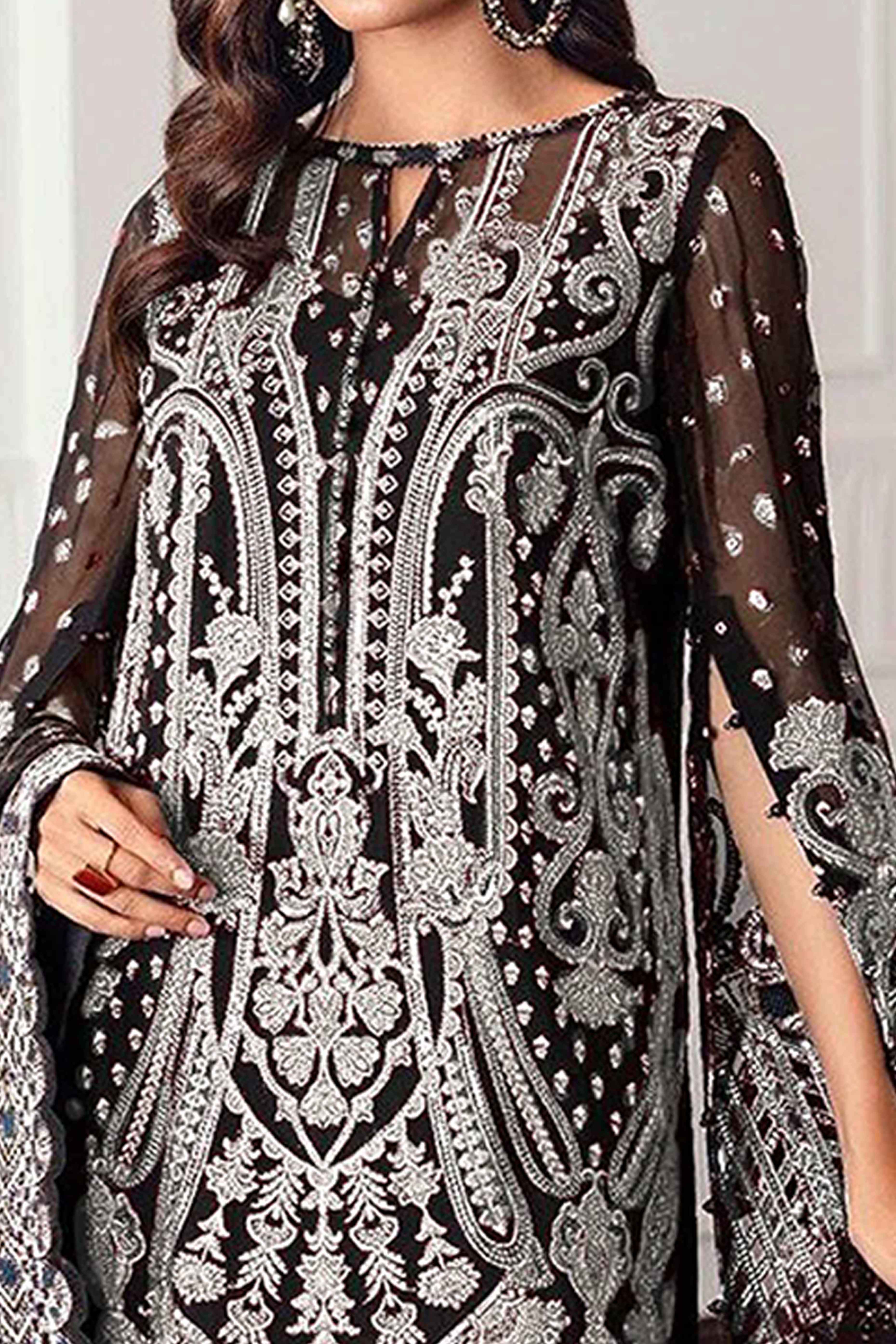 Black Georgette Semi Stitched Suit With Floral Peach Embroidery & Zarkan Work