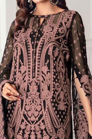 Black Georgette Semi Stitched Suit With Floral Pink Embroidery & Zarkan Work