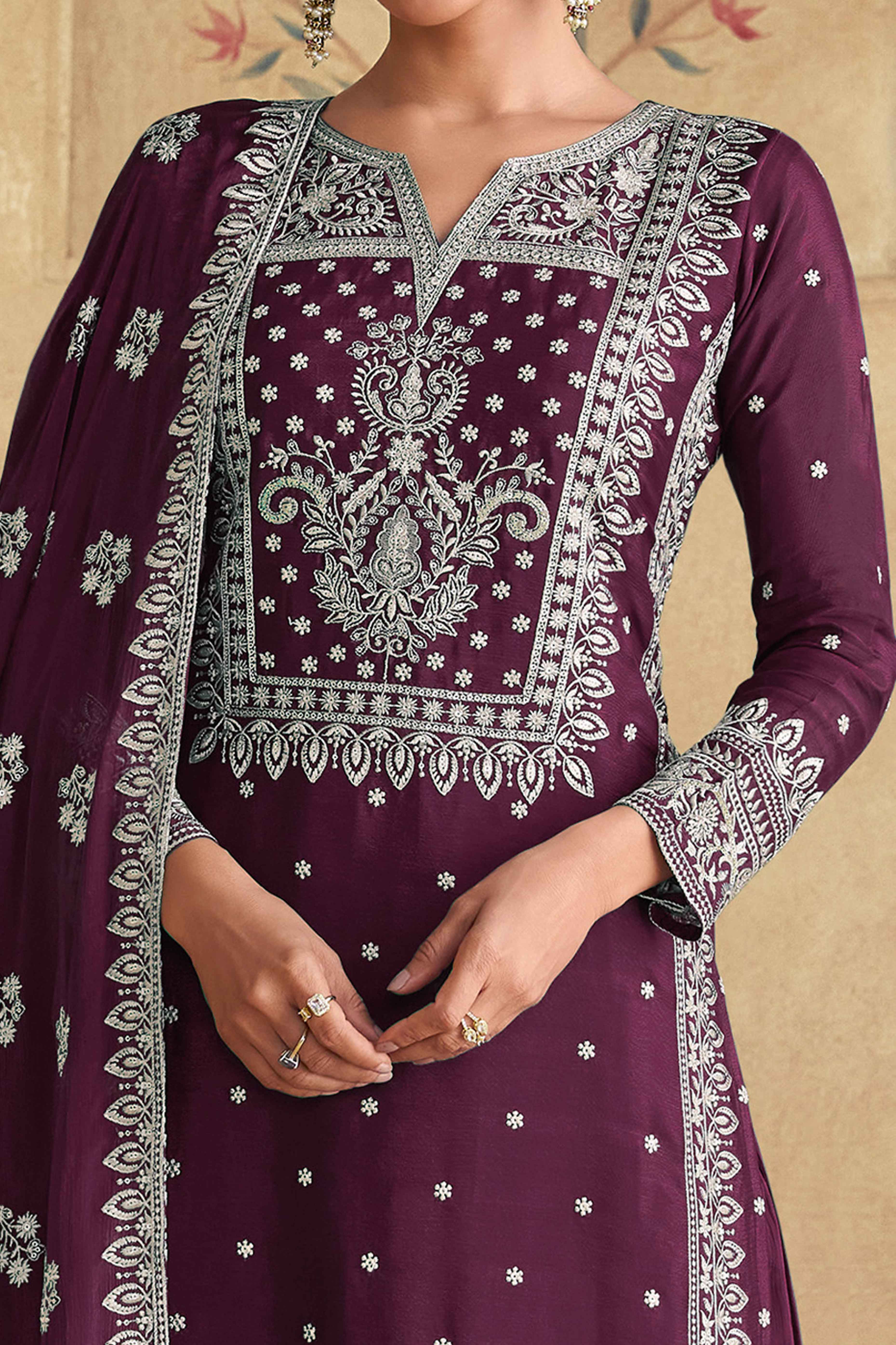 Elegant Wine Semi-Stitched Georgette Suit With Dazzling Floral Sequin Work