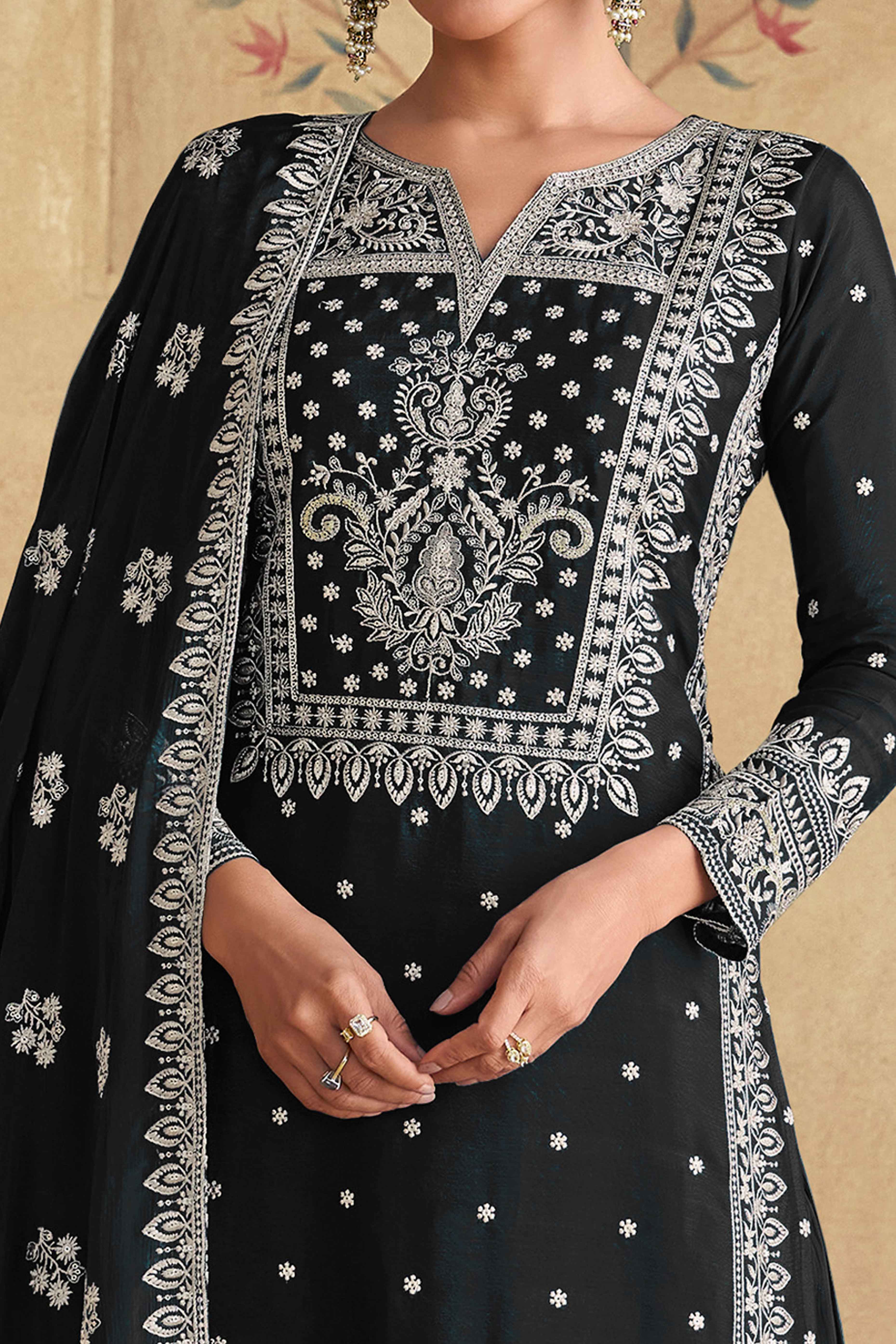 Refreshing Black Semi-Stitched Georgette Suit With Dazzling Floral Sequin Work
