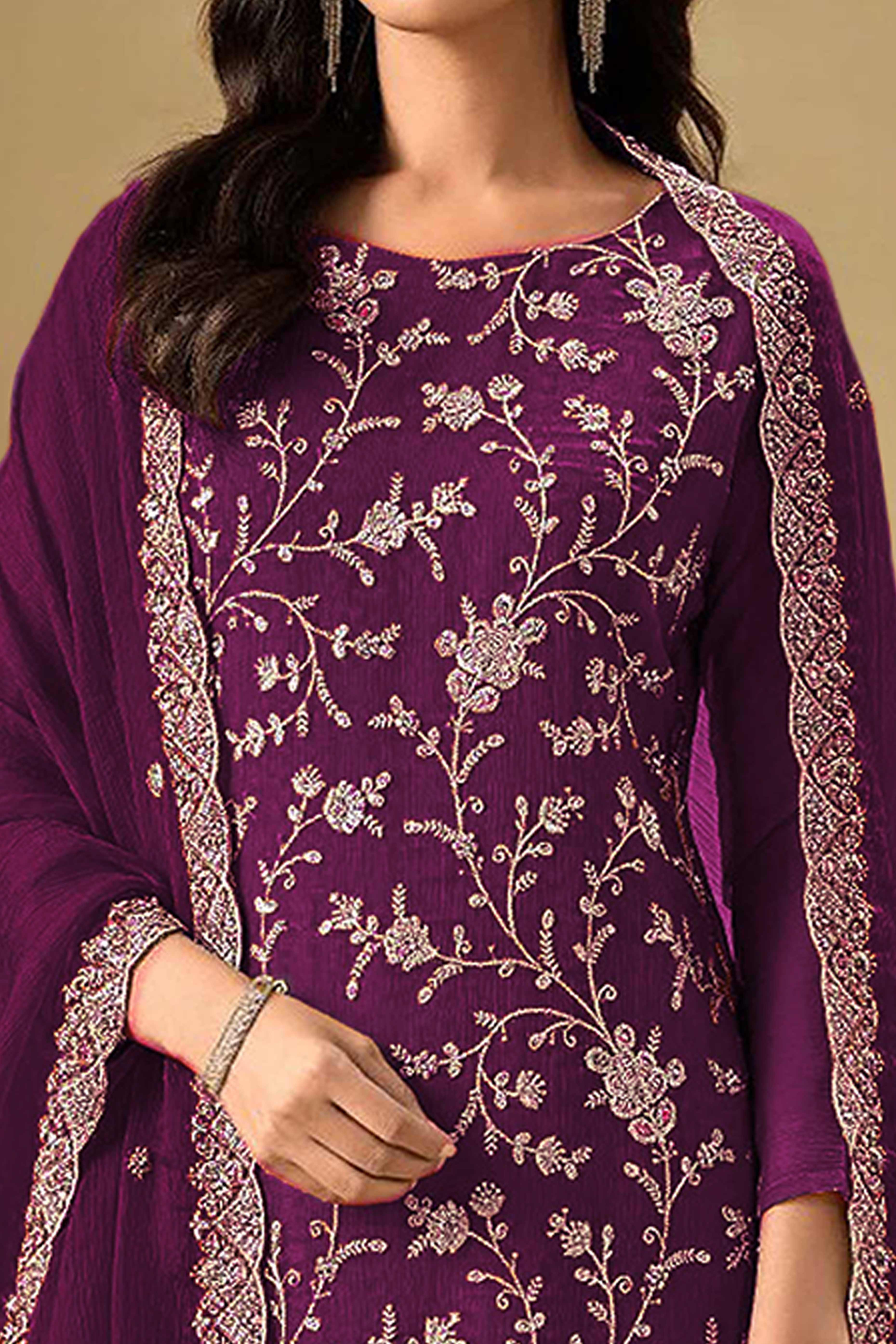 Embroidered Wine Semi Stitched Suit With A Touch of Sequin & Studded Zarkan Work