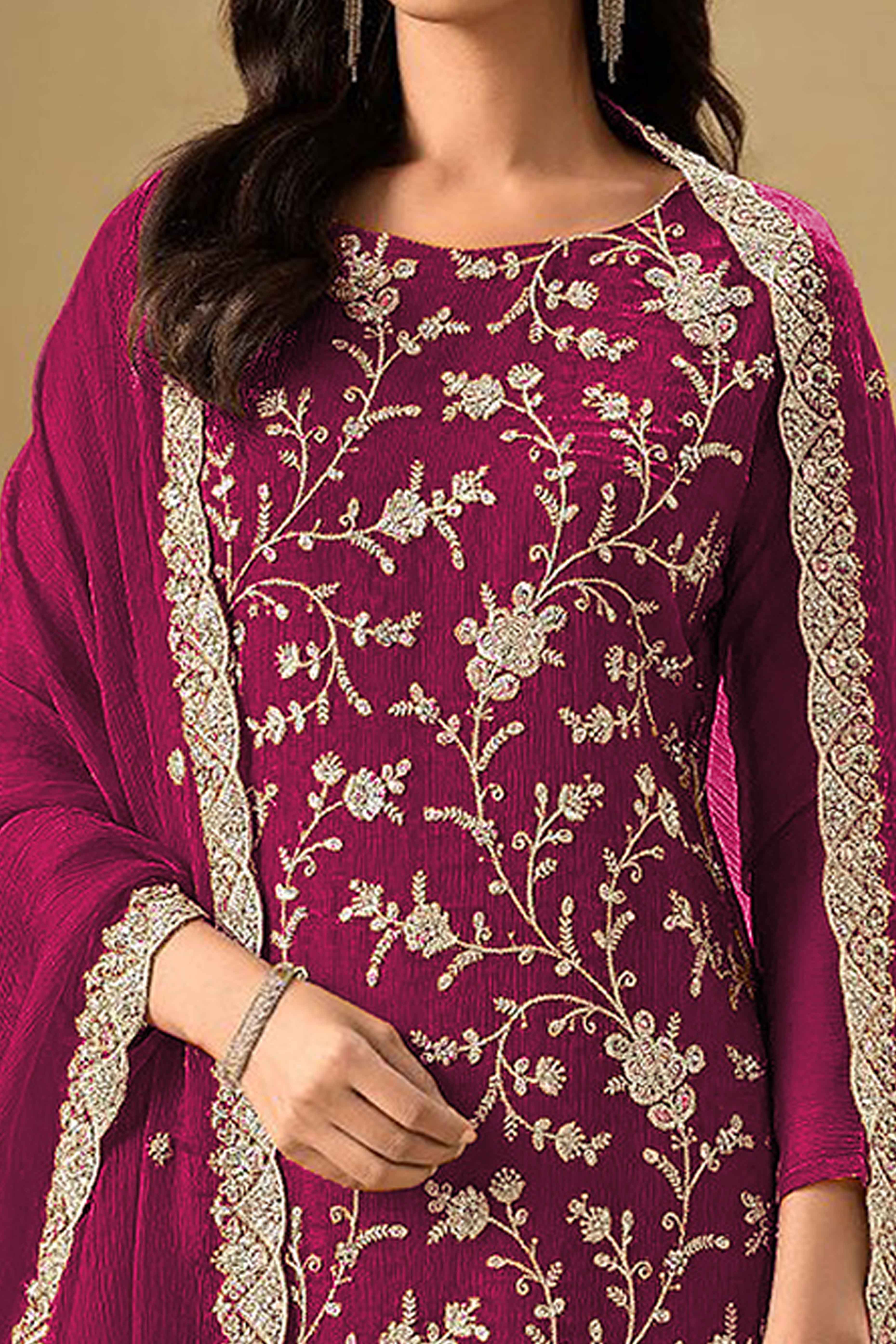 Embroidered Dark Magenta Semi Stitched Suit With A Touch of Sequin & Studded Zarkan Work