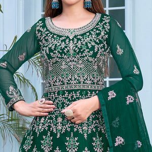 Green Floral Embroidered Net Semi Stitched Anarkali Suit