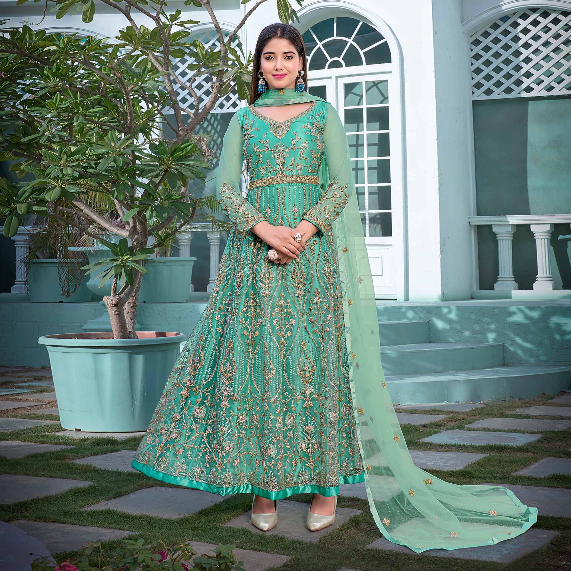 Turquoise Floral Sequins Embroidered Net Semi Stitched Anarkali Suit