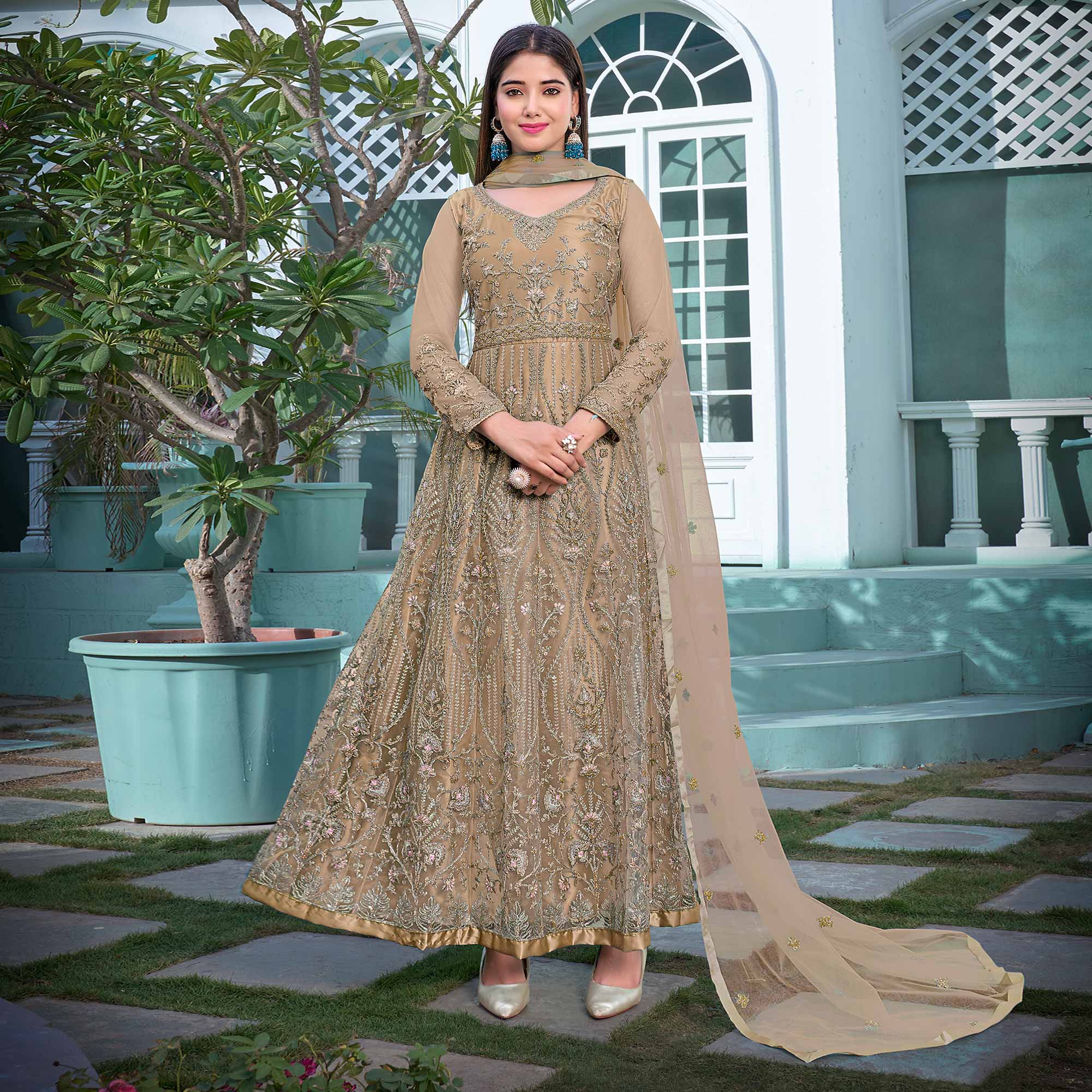 Chikoo Floral Sequins Embroidered Net Semi Stitched Anarkali Suit