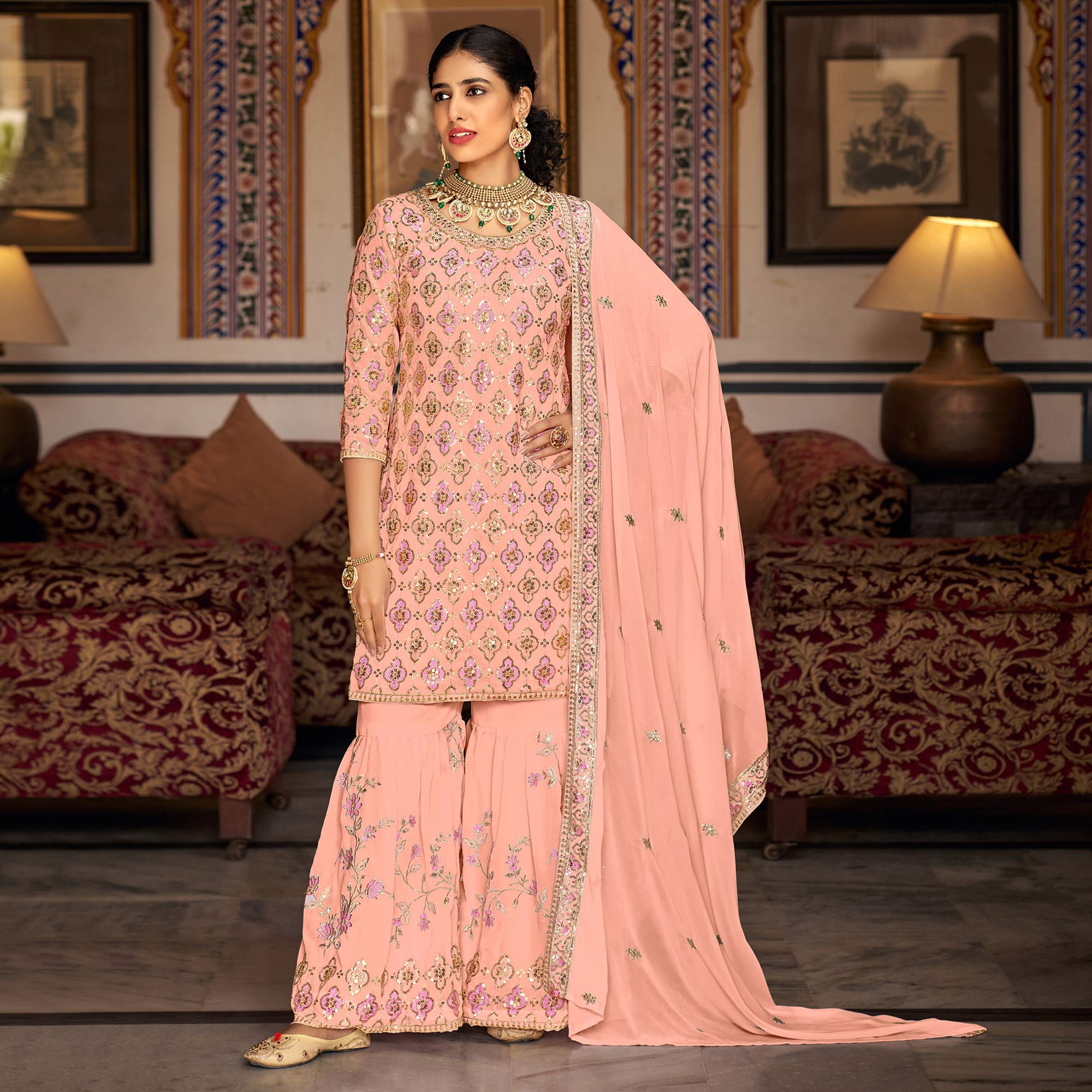 Peach Sequins Embroidered Georgette Semi Stitched Suit