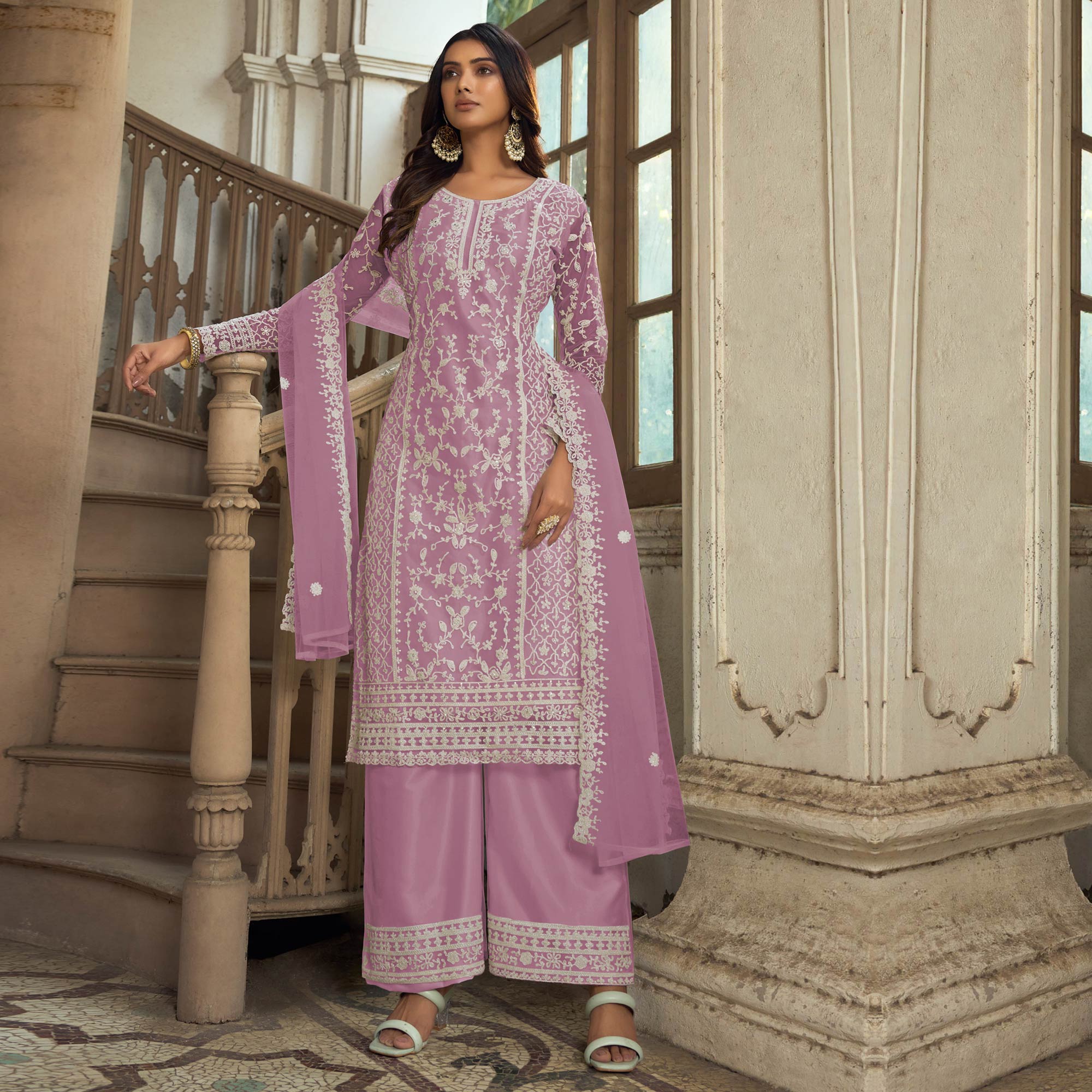 Mauve Floral Embroidered Net Semi Stitched Suit