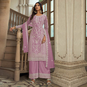 Mauve Floral Embroidered Net Semi Stitched Suit