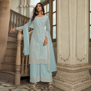 Sky Blue Floral Embroidered Net Semi Stitched Suit