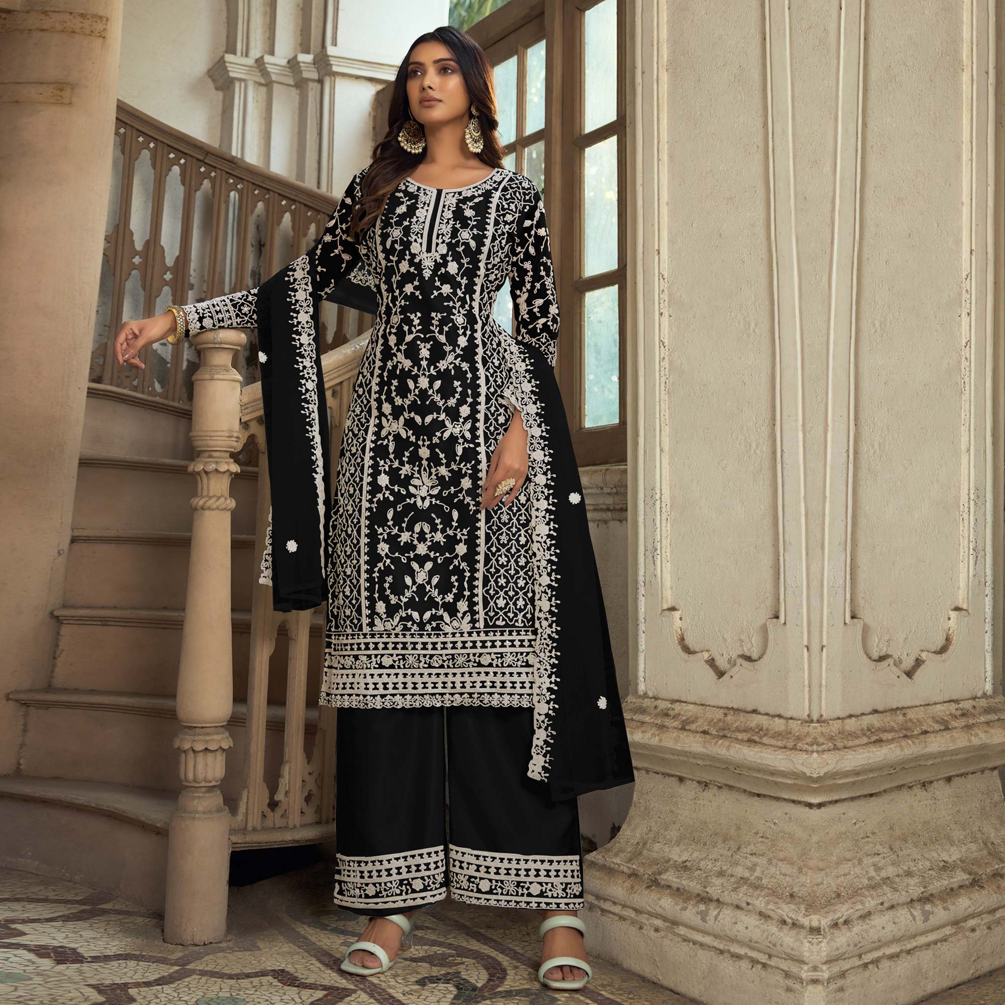 Black Floral Embroidered Net Semi Stitched Suit
