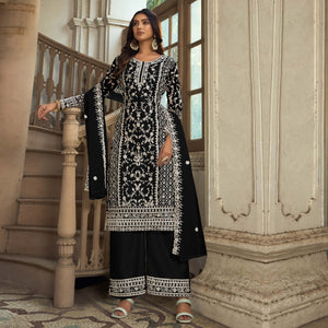 Black Floral Embroidered Net Semi Stitched Suit
