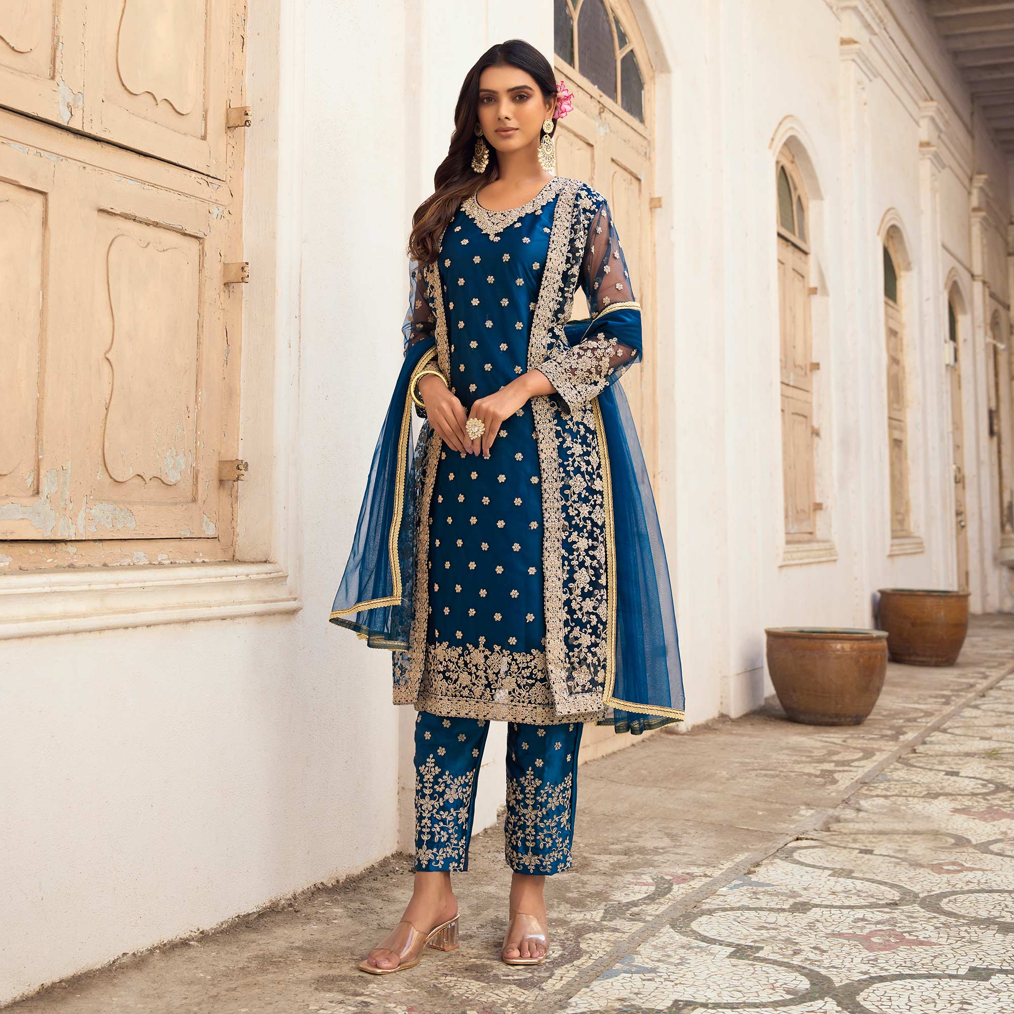 Blue Floral Embroidered Net Semi Stitched Pakistani Suit