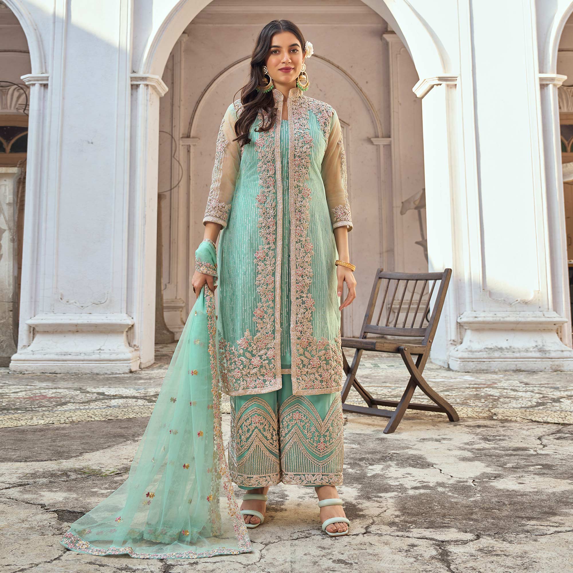 Turquoise Floral Embroidered Net Semi Stitched Suit